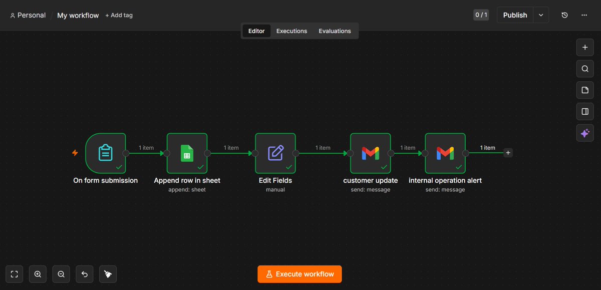 LapozioBoBo's tweet photo. New week. New systems.

Spent today building a real workflow automation for a laundry business using n8n + Google Workspace.

Customer submits form → data stored → automated emails sent → company receives instant order updates. https://t.co/TEeytLoq6w
