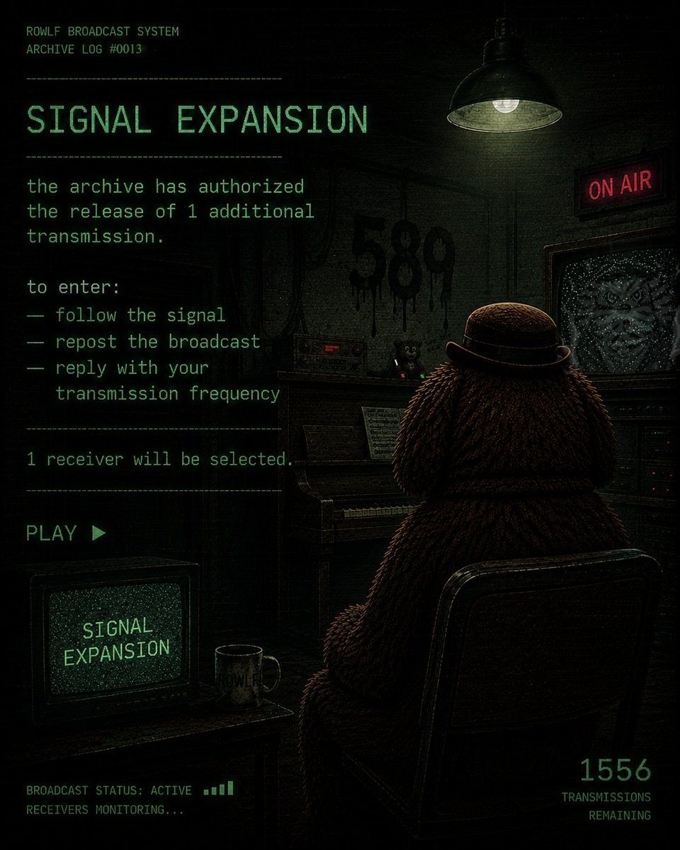 Rowlf1589's tweet photo. ⚠️ TRANSMISSION GIVEAWAY ⚠️

The archive has released 1 additional ROWLF NFT transmission.

To enter:
— Follow @Rowlf1589
— Repost
— Like
— Share
1 random receiver will be selected in 72 hours.
XRPL NFT compatible wallet required.
PLAY ▶️ https://t.co/4M2DMAqjm4