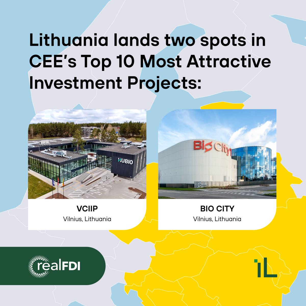 LTconsulateLA's tweet photo. 🇱🇹 Two Vilnius developments – BIO CITY and Vilnius City Innovation Industrial Park – have been named among the Top 10 Most Attractive Investment Projects in the region. Together, they highlight Lithuania’s rise as one of Europe’s fastest-growing life sciences and innovation hubs. https://t.co/Np2N7lHsY2
