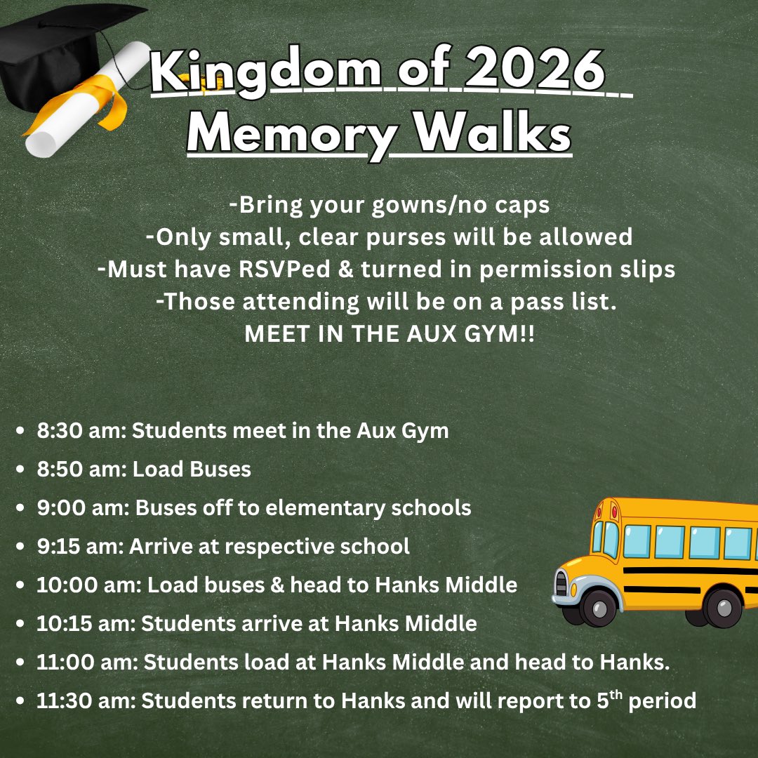 HanksStuCo's tweet photo. Knights Memory Walks are finally here! Please review all information carefully to help everything run smoothly.

✨ Bring your gowns
✨ Clear purses only
✨ Must be on the approved list to attend
✨ Must be free of LOC or E2020

We can’t wait to celebrate our Knights! 🎓 https://t.co/OLEebL9gZN