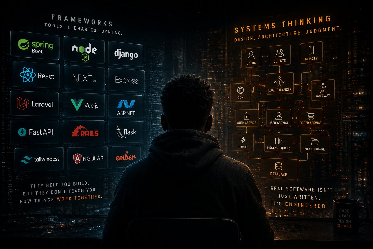 BackendJudge's tweet photo. Most developers learn frameworks few learn system thinking.

They know how to build endpoints, but struggle to reason about:
-Scalability
-Failures
-Data flow
-Bottlenecks
-Trade-offs

Framework knowledge gets you started, System thinking is what makes engineers valuable.⚖️ https://t.co/5610tIf5pu