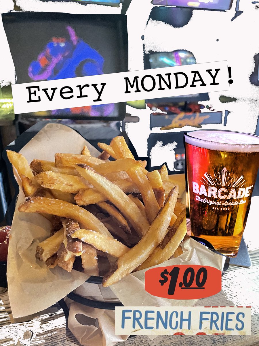 barcade's tweet photo. $1 French fries all day today at our Philly-Center City, FiDi, and St. Mark’s locations!!! https://t.co/EMThZJFsxD
