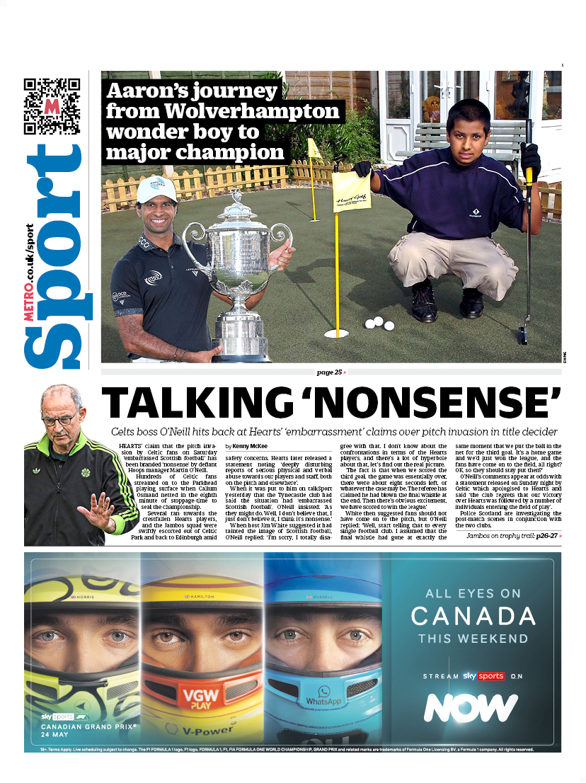 MetroScotland's tweet photo. Tuesday's back page                                           

TALKING 'NONSENSE'               

Celts boss O’Neill hits back at Hearts’ ‘embarrassment’ claims over pitch invasion in title decider

#scotpapers #bbcpapers #skypapers https://t.co/JP40PBysVn