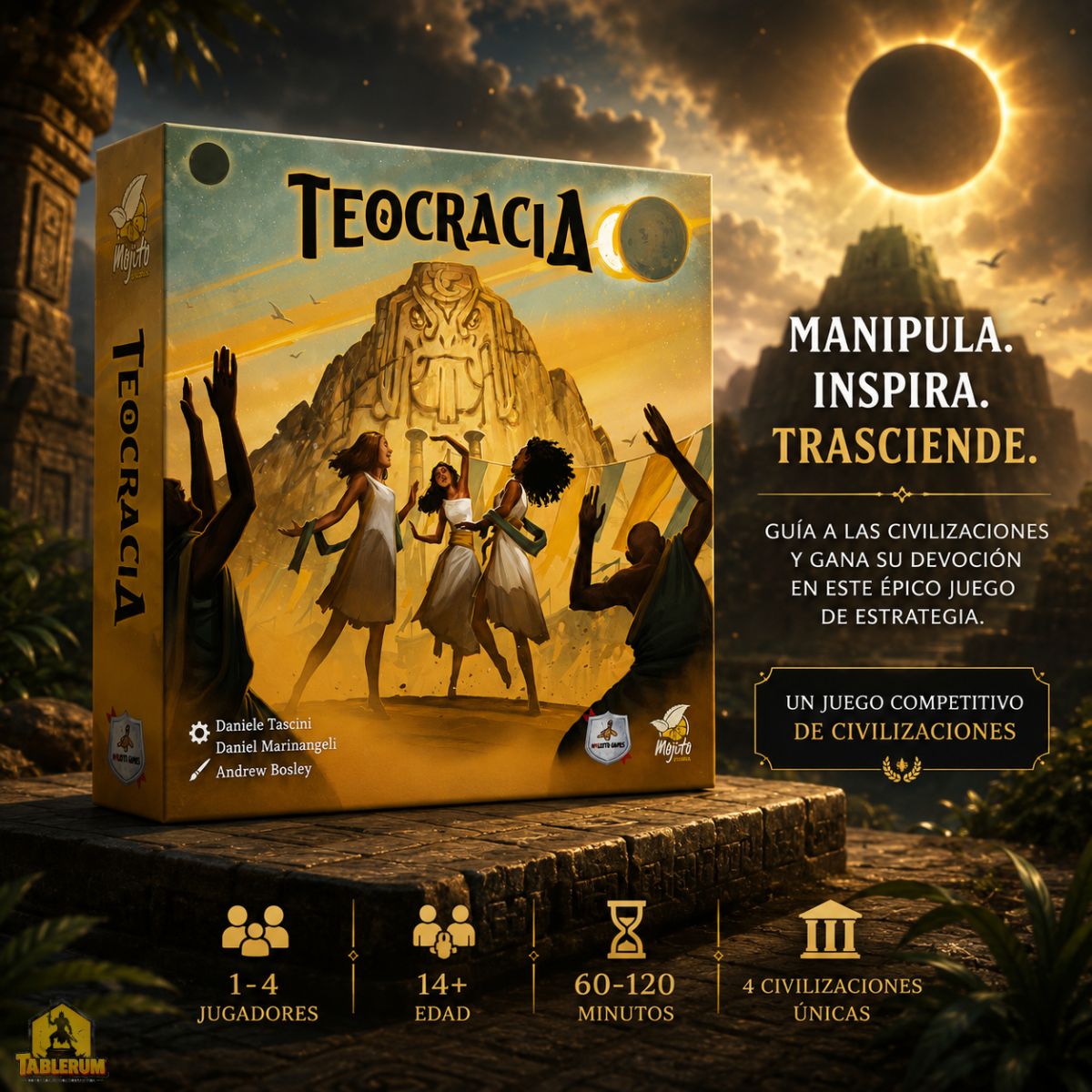 tablerum's tweet photo. Teocracia es un juego competitivo de civilizaciones, en el que la  selección de dados (acciones) es la mecánica principal.
Cada jugador puede manipular las acciones de las 4 civilizaciones que habitan la isla, las cuales intentan expandirse y luchar en los territorios de su propio color. Estas acciones desarrollarán las civilizaciones, haciéndolas adorar a los dioses que más les beneficien.
Por tanto, no dirigirás por ti mismo la estrategia de ninguna civilización, sino que tendrás que repartir tu atención entre ellas, buscando la prosperidad de aquellas que más te adoran.
https://t.co/vAQhPILWkg