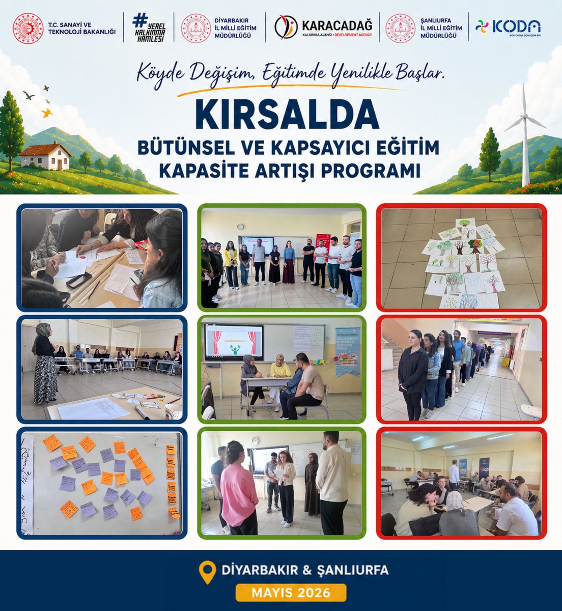 Diyarbakirmem's tweet photo. 🌿 “Köyde Değişim Eğitimde Yenilikle Başlar” programı kapsamında eğitimlerimiz ikinci haftasında yoğun katılımla devam ediyor.

İl Millî Eğitim Müdürlüğümüz; Şanlıurfa İl Millî Eğitim Müdürlüğü ve Köy Okulları Değişim Ağı iş birliğinde, Karacadağ Kalkınma Ajansı destekleriyle yürütülen “Kırsalda Bütünsel ve Kapsayıcı Eğitim Kapasite Artışı Programı” ile öğretmenlerimizin mesleki gelişimlerine katkı sunuluyor. 📚

📡 11–22 Mayıs tarihleri arasında gerçekleştirilen eğitimlerde;
📘 Sınıf Yönetimi
👨‍👩‍👧‍👦 Aile Katılımı
♿ Özel Gereksinimli Bireylerle Çalışma

başlıklarında eğitimler verilerek özellikle kırsal bölgelerde görev yapan öğretmenlerimizin kapsayıcı eğitim becerilerinin güçlendirilmesi hedefleniyor.

@tcmeb @Yusuf__Tekin 
@vali_zorluoglu @sadoglu_salih 
@Yunuscolak2163 @KaracadagKA
