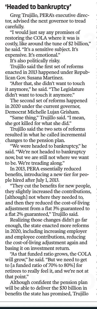 MayorKenLC's tweet photo. Please share this post with a city, county, state employee, public school educator, university employee, retiree, or anyone connected to PERA or ERB. 

This issue impacts more than 200,000 New Mexicans and deserves serious attention.

To the active workers and retirees of both PERA and ERB: this is a major issue that cannot be ignored any longer.

While I respect my friend Duke, I must disagree with him on this matter. I began speaking publicly about this issue in the summer of 2025 and even met with the president of a retiree association, who strongly supported my proposal.

Here are the current combined totals for PERA and ERB:

Active Contributors:
• PERA: 52,581
• ERB: 64,274
Retirees and Benefit Recipients:
• PERA: 46,942
• ERB: 56,764

That represents well over 220,000 New Mexicans who are directly affected.

If you read the comments from Greg Trujillo in the second screenshot, he makes an important point: the state must proceed very carefully.

From my perspective, there are only three realistic options:

1. Spend billions of taxpayer dollars to strengthen the retirement reserves.

2. Leave the system unchanged and hope the problem fixes itself - which I do not believe is a responsible option.

3. Implement the proposal I have been developing, that is proven.
My plan will not require taxpayer funding. Additionally, it will reinstate the 3% cost-of-living adjustments (COLAs) and return the retirement eligibility threshold to 25 years.

I believe New Mexico needs real solutions, honest conversations, and leadership willing to address difficult issues before they become larger problems.

If you would like to learn more about my proposal, please email me. I will also organize a Zoom call with PERA and ERB members so we can openly discuss concerns, ideas, and possible solutions together.

Email: Miyagishimaken@gmail.com

Thank you, 
Ken

Credit to the Santa Fe New Mexican- Daniel Chacon for the article below:
