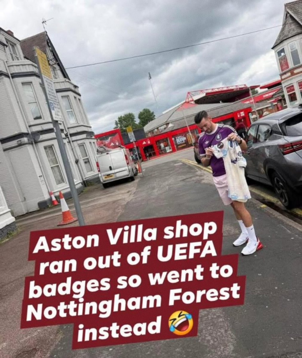 AwayDaysFB's tweet photo. This Villa fan wanted the Europa League badges on his new top. 

Villa had sold out so he got them at the Forest club shop 🤣👀 https://t.co/DWWaeHV550