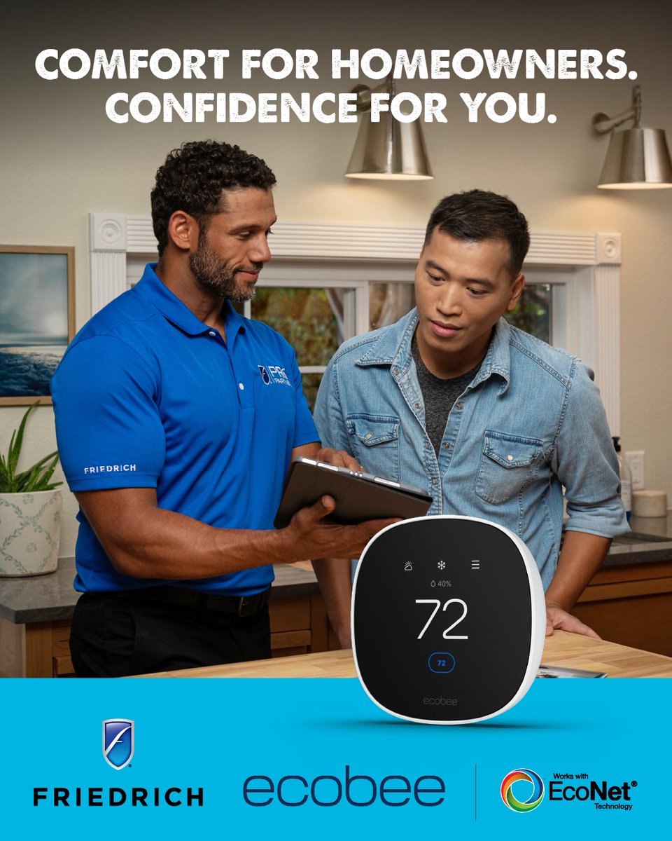 Friedrich_AC's tweet photo. Features homeowners want, with a simple design contractors love. The ecobee Smart Thermostat Lite | Works with EcoNet® Technology offers smart schedules that optimize comfort and savings, with everything needed for installation in one box. Learn more at https://t.co/mJRaoLOrdE. https://t.co/7Zwl0TKgtk