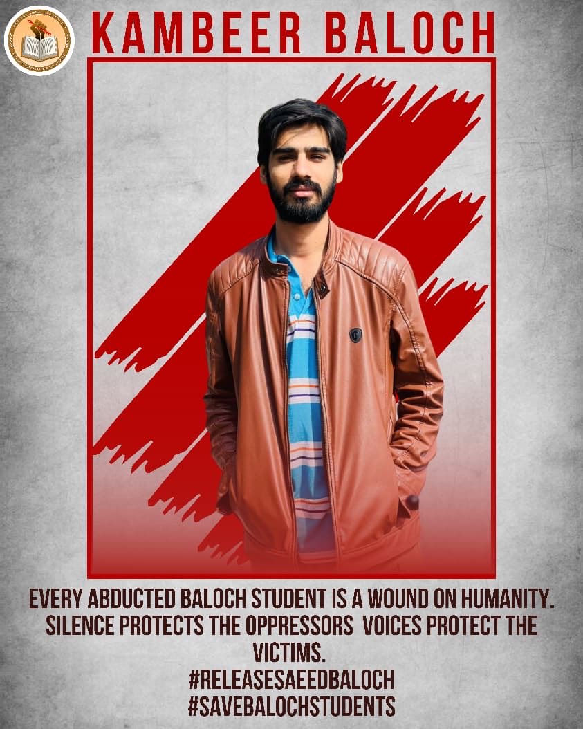 SaqibBaloch_7's tweet photo. Every  abducted baloch student is a wound  on  humanity.
Silence protects the oppressors, voices protect the victims.
#ReleaseKambeerBaloch
#SaveBalochStudents https://t.co/CfdWdKCwlM