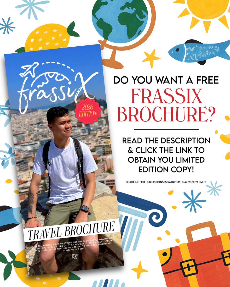 frassix's tweet photo. Do YOU want a Frassix 2026 brochure? Well now’s your chance! 🗺️ https://t.co/uk7Sw0izvu

🚨 This FREE submission is open to all United States residents as well as international individuals. The deadline to submit your information will be Saturday, May 23 at 11:59 PM ET!

You do not need a Google account to complete this form! Just provide your name and address, answer a few questions, and you’ll be submitted for a chance on getting this limited edition brochure, highlighting all of the travels I’ll be taking you on that you have to look forward to for the remainder of 2026!

There are a limited quantity of these brochures left, so sign up to get yours while you can!

🎥 And don’t forget that my flight attendant vlogs will be resuming THIS SUNDAY, May 24 at 11 AM ET!