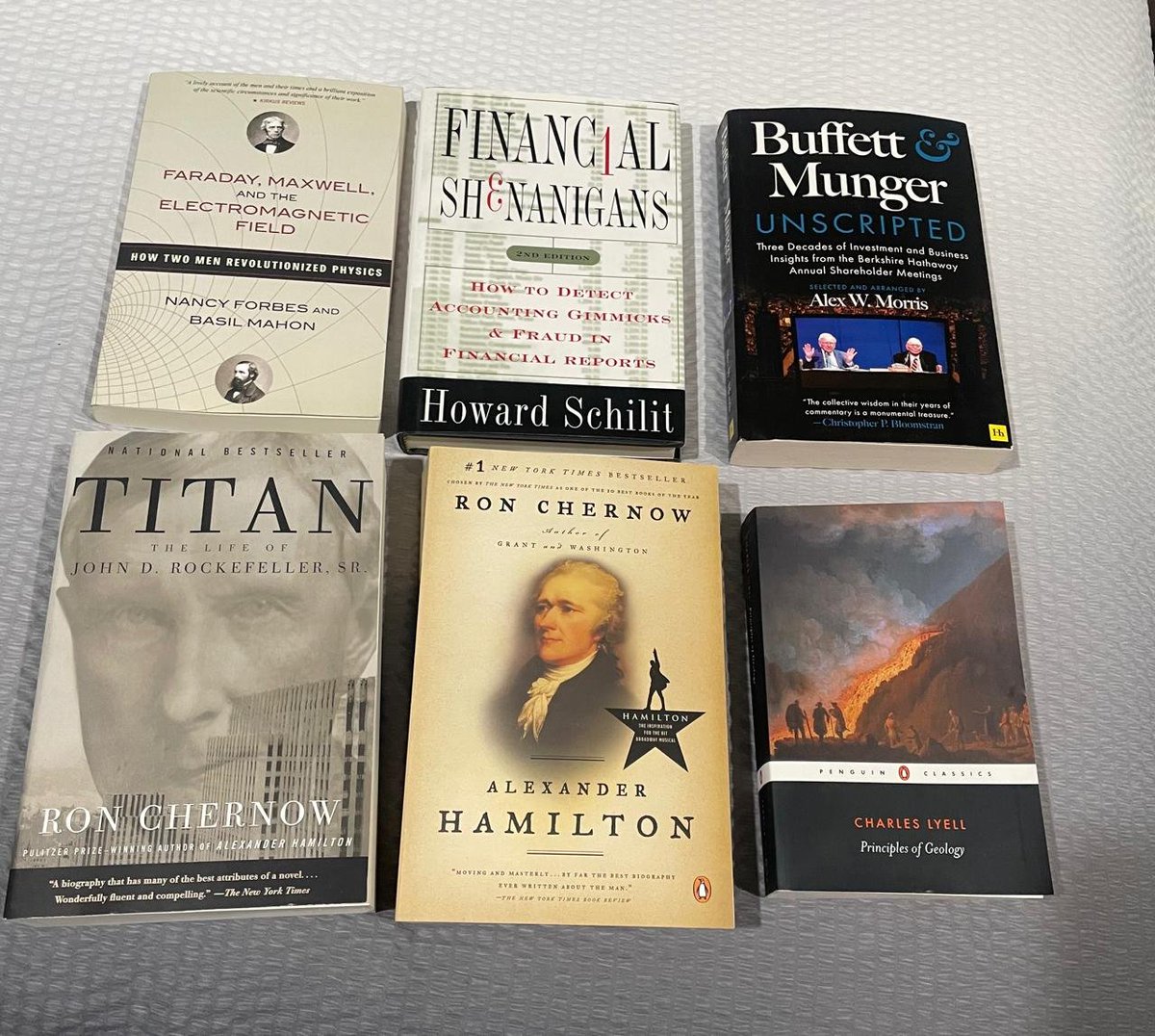 Giuliano_Mana's tweet photo. The books I ordered and why:

1. Financial Shenanigans: heard it's the best book to really dive into financial statements.

2. Buffett & Munger Unscripted: I listened to ~20ys of  BRK meetings, need to revisit.

3. Titan: recommended too many times as one of the best researched and written biographies.

4. Hamilton: Same as above, same author.

5. Faraday, Maxwell, and the Electromagnetic Field: Munger recommendation. Bulletproof.

6. Principles of Geology: Suspect it's the book that strengthened the idea of Earth being hundreds of millions of years old at the very least.