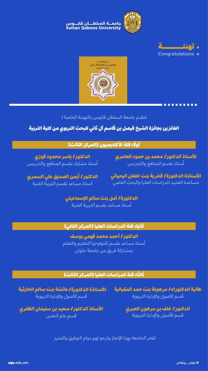 sultanqaboosuni's tweet photo. #تهـنئـــــة |
 
تتقدم #جامعة_السلطان_قابوس
بالتهنئة الخالصة لـلفائزين بجائزة الشيخ فيصل بن قاسم آل ثاني للبحث التربوي من كلية التربية✨️ https://t.co/gOwnGu187X