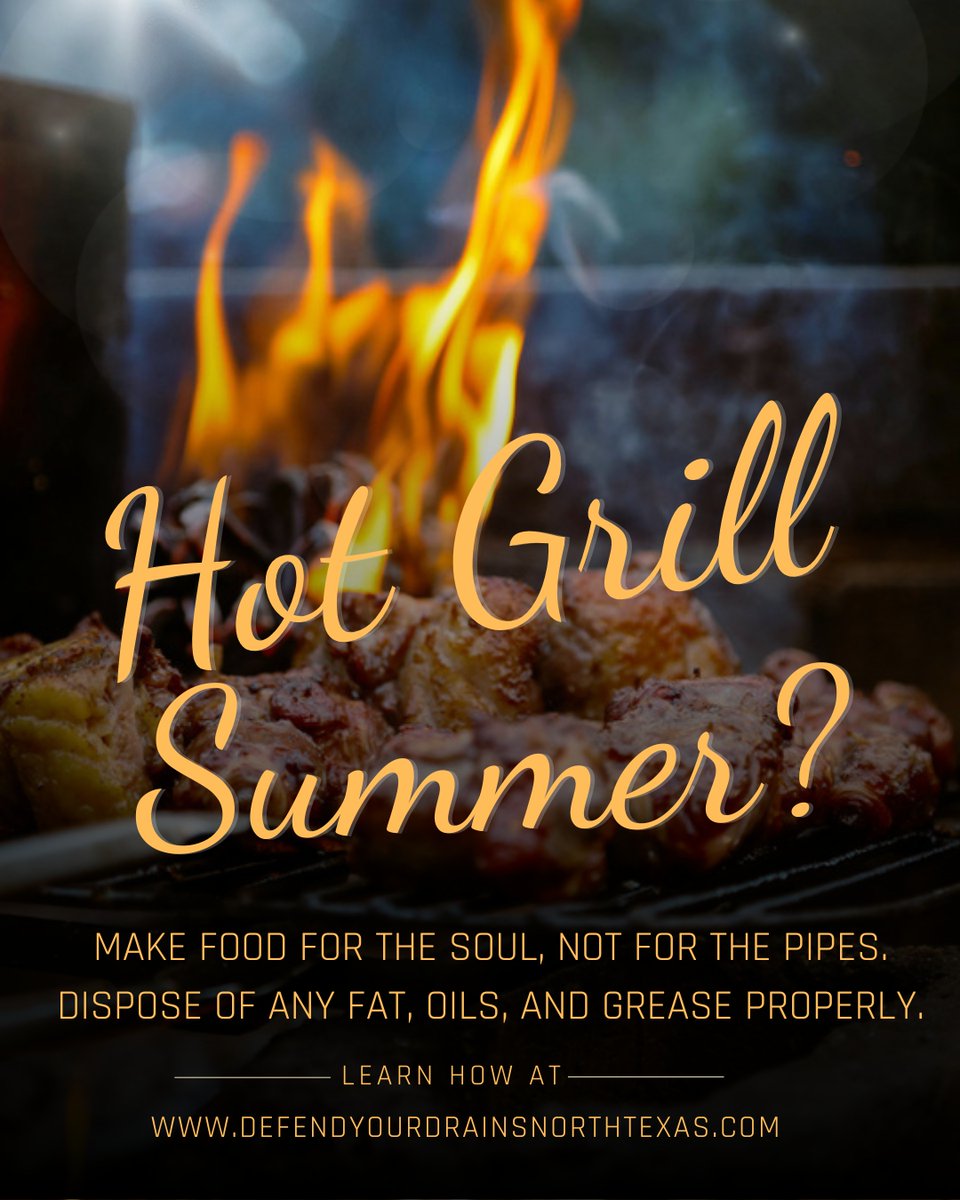DefendDrainsNTX's tweet photo. Alt Text: Meat on hot flaming grill. "Hot Grill Summer? Make Food for the soil, not for the pipes. Dispose of any fats, oils, and grease properly. Learn how at https://t.co/BBj4K2gwaW

#DefendYourDrains #CeaseTheGrease #HotGirlSummer #HotGrillSummer https://t.co/ZBmxkZZox2