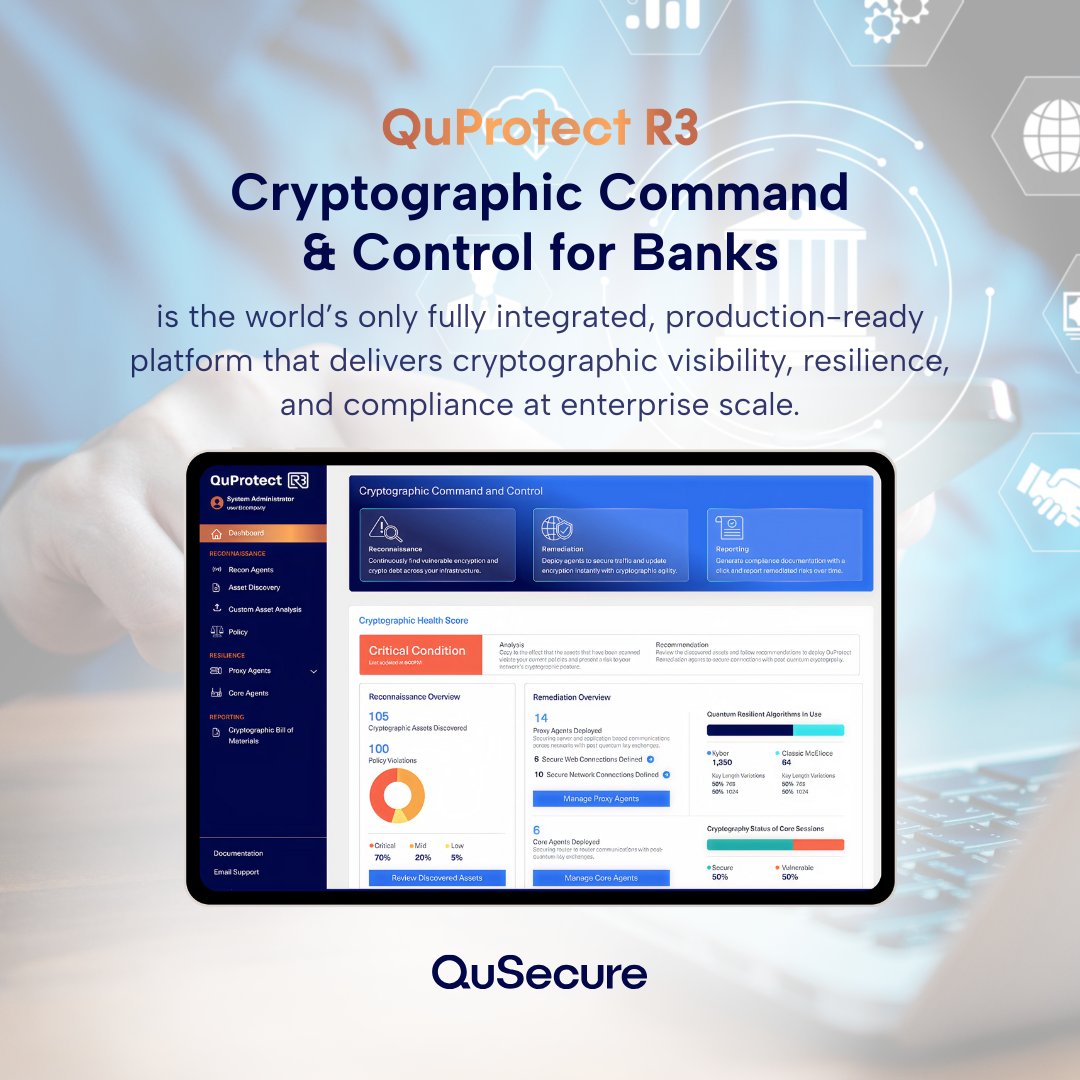 QuSecure's tweet photo. Financial institutions face rising regulatory pressure — and shrinking tolerance for disruption.

QuProtect R3 gives banks cryptographic visibility, resilience, and compliance at enterprise scale, without touching code or interrupting operations.

From discovery to remediation to reporting, readiness becomes manageable.

👉 See how QuProtect R3 supports secure, compliant banking environments.

https://t.co/WoTK8NI2Pg
