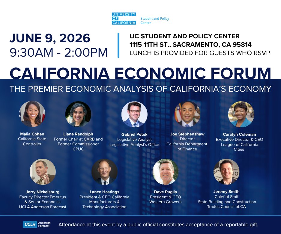 UCStudentPolicy's tweet photo. What’s next for California’s economy?

Join UCSPC + @politico  on June 9 for the California Economic Forum + release of the @UCLAForecast.

Featuring top state leaders + economists shaping the outlook.

Register here: https://t.co/Y6ZY9tmuLV https://t.co/hfTbRWfTtw
