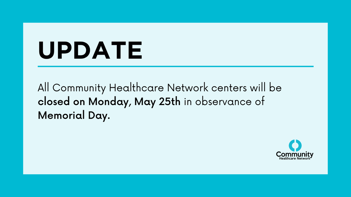 CHNNYC's tweet photo. All Community Healthcare Network centers will be closed on Monday, May 25th in observance of Memorial Day.

For more information or to book your next visit, please call (866) 246-8259. https://t.co/B38WuMMeEI