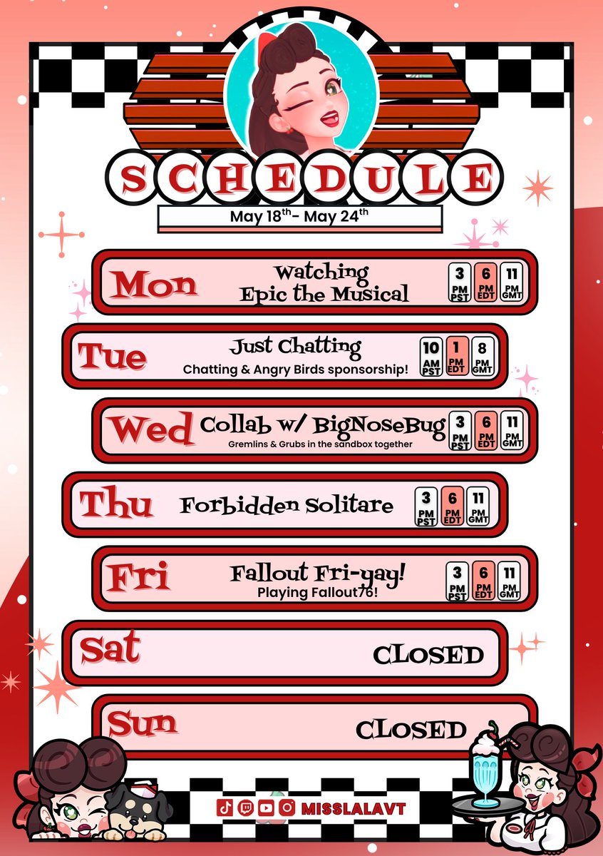 MissLalaVT's tweet photo. 🍒DINER HOURS MAY 18TH- MAY 24TH ☕

We got a fun week ahead of us in The Diner!! Be sure to tune in! ♥

GENERAL: #misslalavt
ART: #Dineart  
NSFW: #dinerafterdark /
@dinerafterdark
FAN NAME: Greaser Gremlins 
SOCIALS: https://t.co/1I2DJDMMTK
Oshi marks:  🍒☕
GamerSupps Code: LALA (to save 10% off your order!)