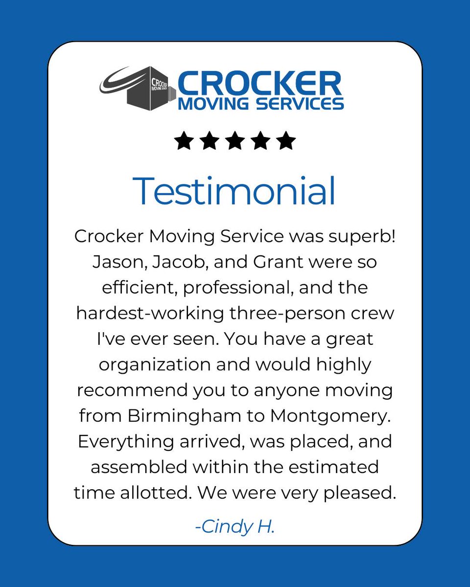 crocker_moving's tweet photo. A smooth move starts with a crew you can count on. Thanks for the kind words! From Birmingham to Montgomery, Crocker Moving Services brings hard work and care to every move. Call for a free estimate: (205) 448-8505, (205) 402-8211, or (205) 509-2226 https://t.co/8QxqGBw9G1