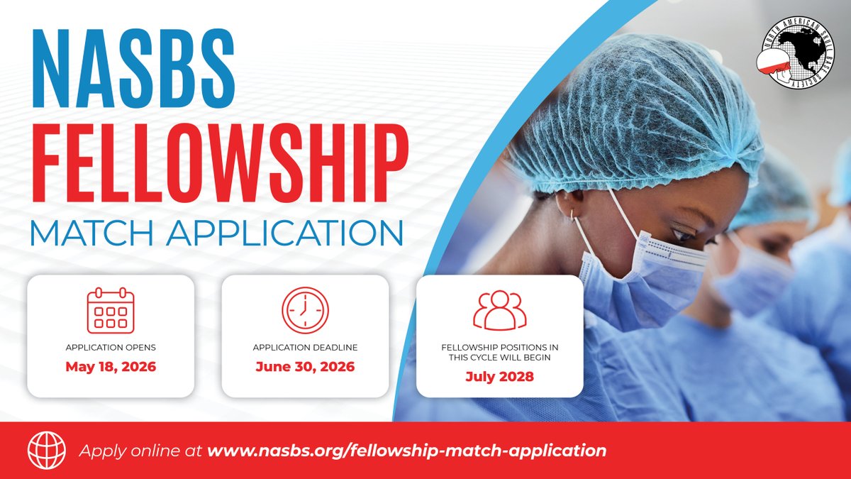 NASBSorg's tweet photo. The NASBS Fellowship Match Program application is now open! Fellowship positions in this application cycle will begin July 2028. Visit the NASBS website
to learn more. https://t.co/2I7uBAhypJ https://t.co/QHwzBtpWs9
