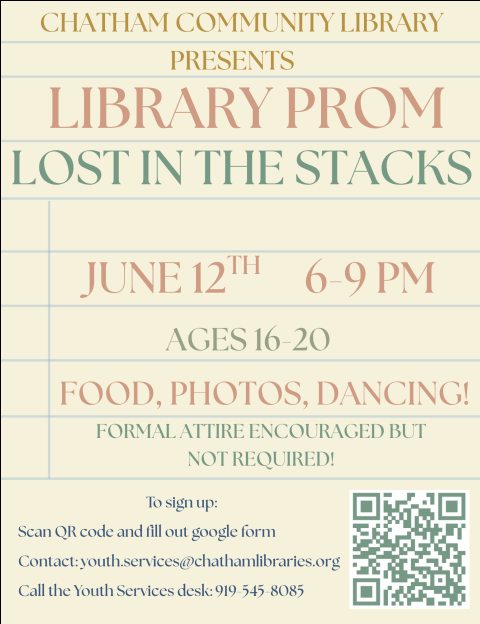 ChathamCountyNC's tweet photo. Library Prom— a fun, free, alternative prom just for ages 16–20.
📸 Free digital pro-style photos (6–7 PM)
📅 June 12, 2026 | 6–9 PM
📍 Chatham Community Library: Holmes Family Meeting Room, 197 NC Hwy 87 N Pittsboro, NC 27312
Registration required https://t.co/BK93Iuv8m9 https://t.co/HlceGwtINi