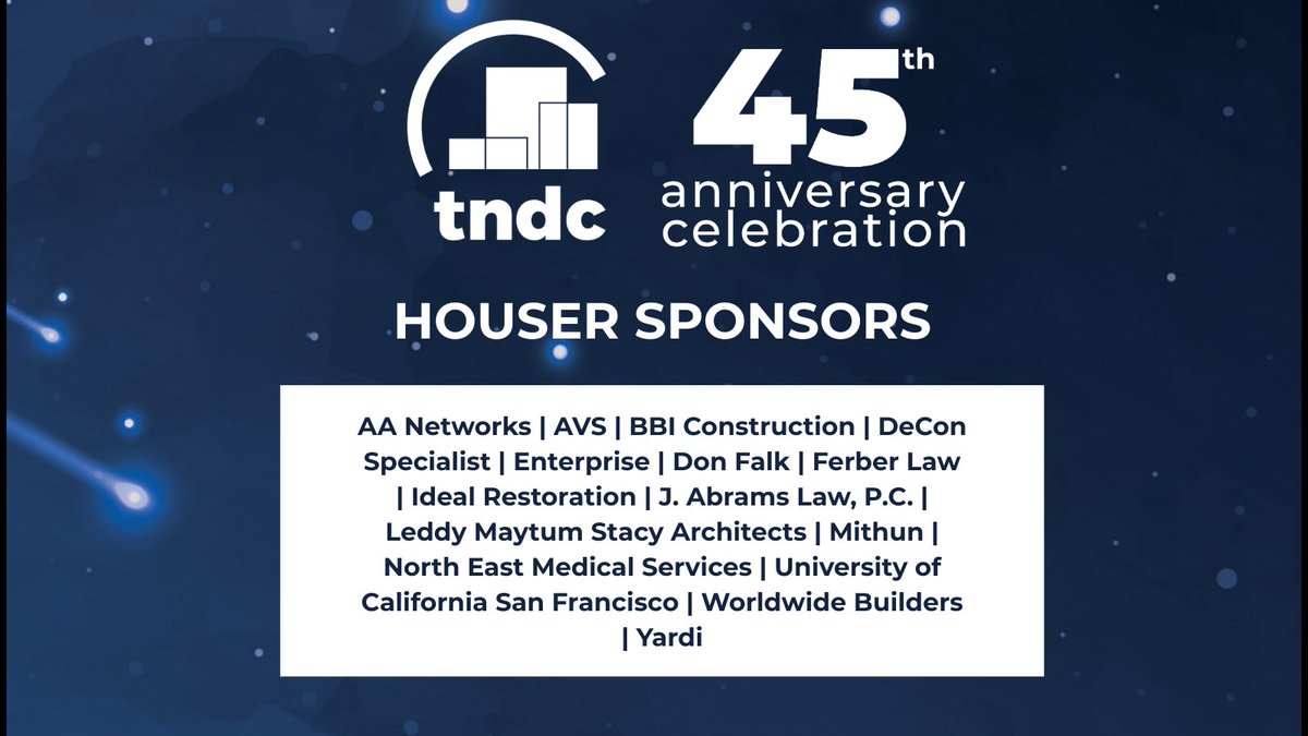 TNDC's tweet photo. So grateful to our event sponsors for making TNDC's 45th Anniversary Celebration possible. You can support affordable housing too by joining us this Wed. Tickets at https://t.co/BHlvJ7YVSl

#affordablehousingmonth #affordablehousing #fundraiser #sanfrancisco https://t.co/JseTLEYduZ