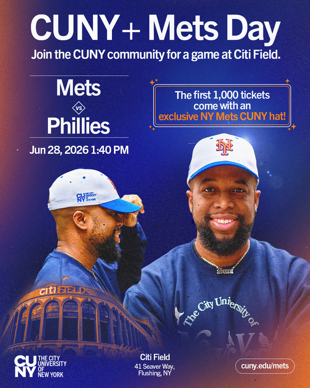 CunySLU's tweet photo. Mets fans, we hear you! Join us for CUNY Day at Citi Field on June 28, when the Mets take on the Phillies! A limited number of tickets are available for all @CUNY students, faculty, staff &amp; alumni. Ticket holders will receive a CUNY-branded Mets ball cap: https://t.co/AdYLpQESTT https://t.co/NuPW4GmJVP