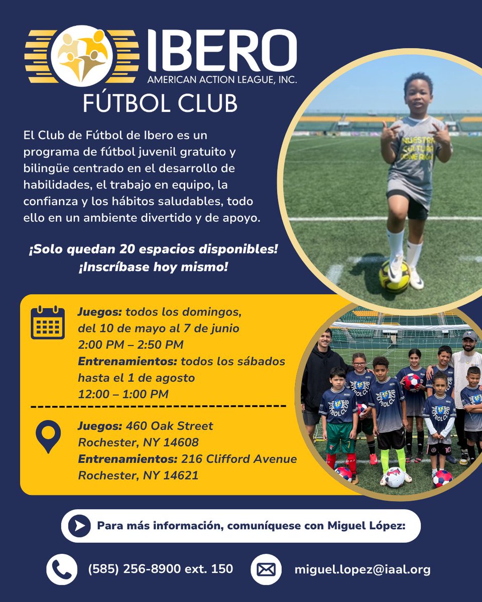 IberoRoc's tweet photo. Join the fun with the Ibero Fútbol Club!

Spots are filling fast — only 20 spots remain! Register today and help your child grow on and off the field.

#IberoFutbolClub #YouthSoccer #RochesterNY https://t.co/iml5bY2VwG