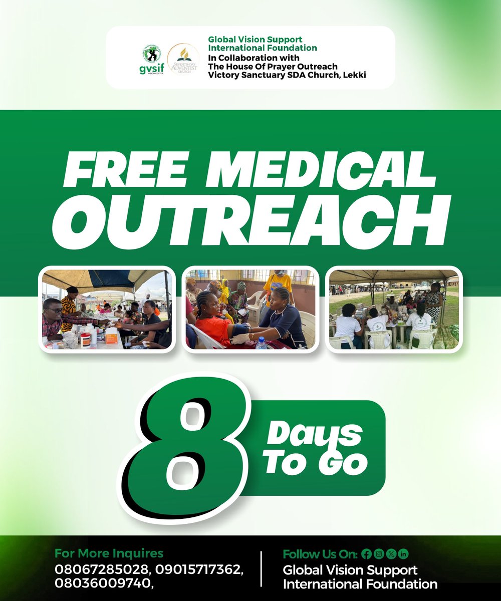 VisioncenterGVS's tweet photo. The countdown begins 🎉

Just 8 days to go until our Free Medical Outreach.
No excuses o, your health deserves some love too. 😄💚

Come through, tell someone, and bring someone.

Share this post, save the date, and help us spread care to more people. https://t.co/MNLwlUeRgy