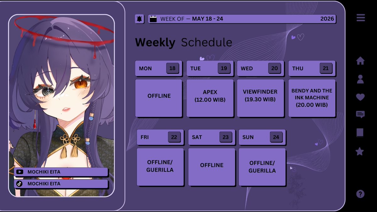 eita_wee's tweet photo. 🔮WEEKLY SCHEDULE✨
(18 - 24 MAY 2026)
🔮HASHTAG✨
General : #mochikieita
LIVE : #eitalive
Art : #eitart
NSFW : #yabei
Meme : #momeme
Clips : #ei_clips
Fan name : #mochilock https://t.co/IUcVP2n0Q7