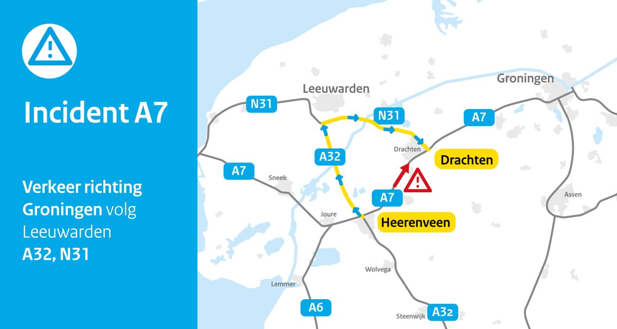 Ongeval op de A7 bij Drachten, rijbaan afgesloten
