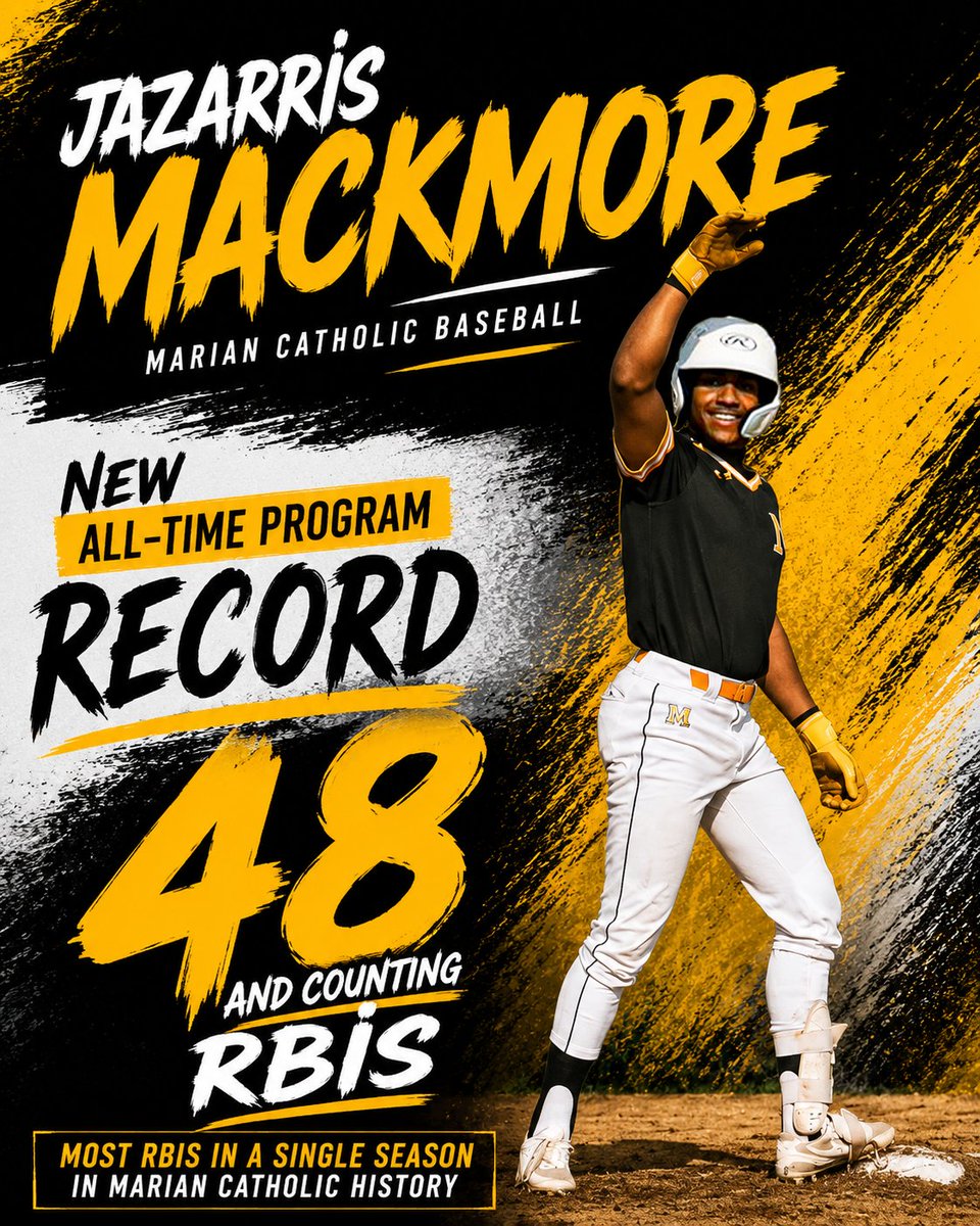 Athletics_MCHS's tweet photo. 🚨 HISTORY MADE 🚨

Junior Jazarris Mackmore broke Marian Catholic Baseball’s single-season RBI record Saturday against Notre Dame with a 3-run HR in the 3rd inning. 💣

⚔️ 48 RBIs (Program Record)
💣 10 HRs (Ties Program Record)
🔥 .478 AVG

🔗https://t.co/E0EipnWh5e https://t.co/Bl7Hoz8rxY