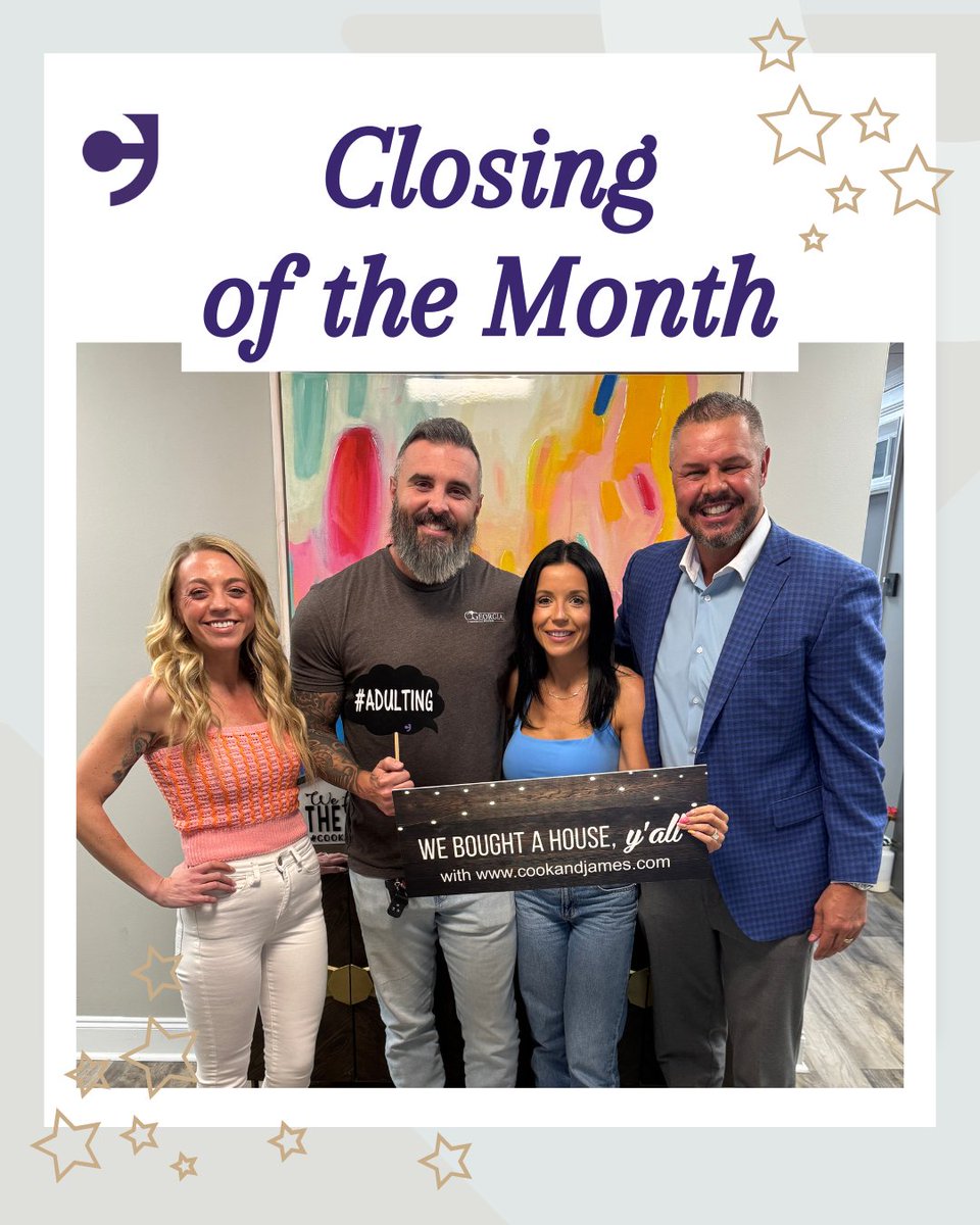 Cook_and_James's tweet photo. Shoutout to our Closing of the Month 🎉 Big congrats to Page Thompson with Atlanta Communities and Joshua Dean with Homeowners Financial Group for getting it done 👏 Your teamwork and dedication made this one stand out and we’re lucky to have you as part of our community 🏡✨ https://t.co/tIe0QS2hgU