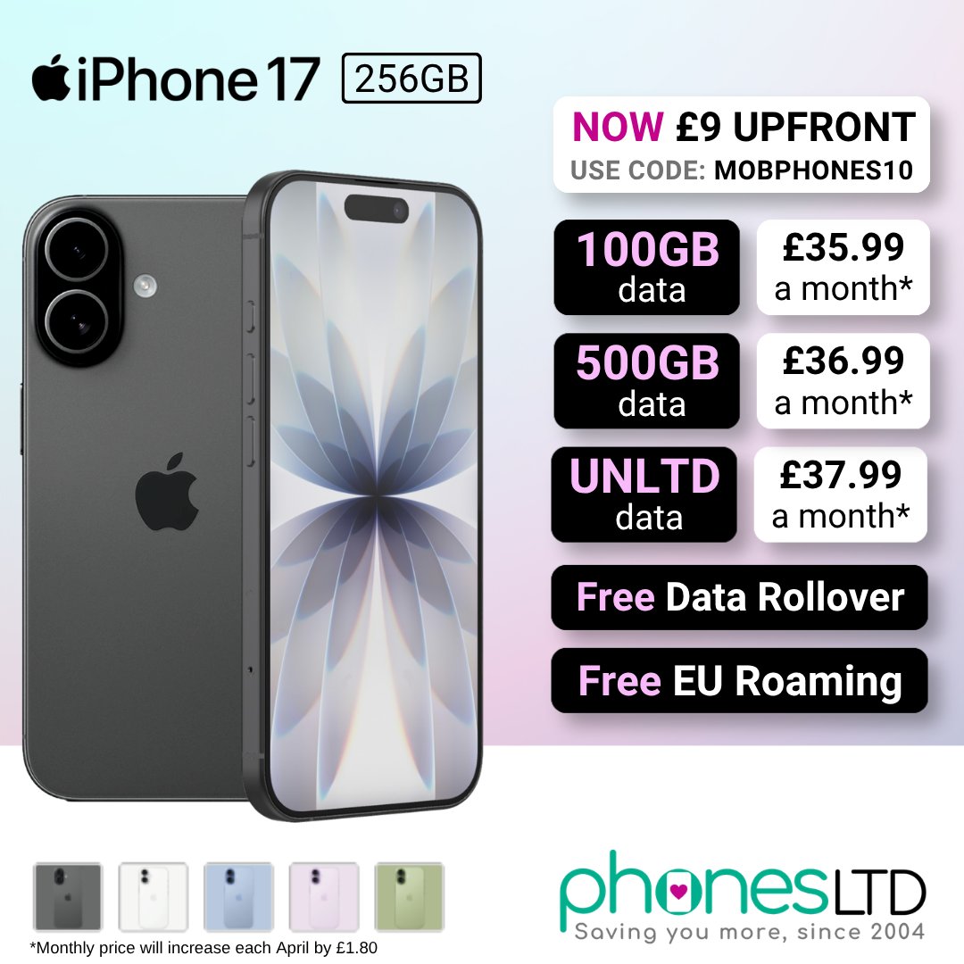 Phones_Limited's tweet photo. Pick up the incredible new iPhone 17 from just £35.99 a month* with these limited time deals!
Reduce the upfront cost to just £9 by using discount code: MOBPHONES10 (Was £19).
Easily keep your number and switch. 
https://t.co/sAhJLSSk3z 
*Monthly price will increase each April by £1.80. 
#iphone17 #apple #iphone17deals