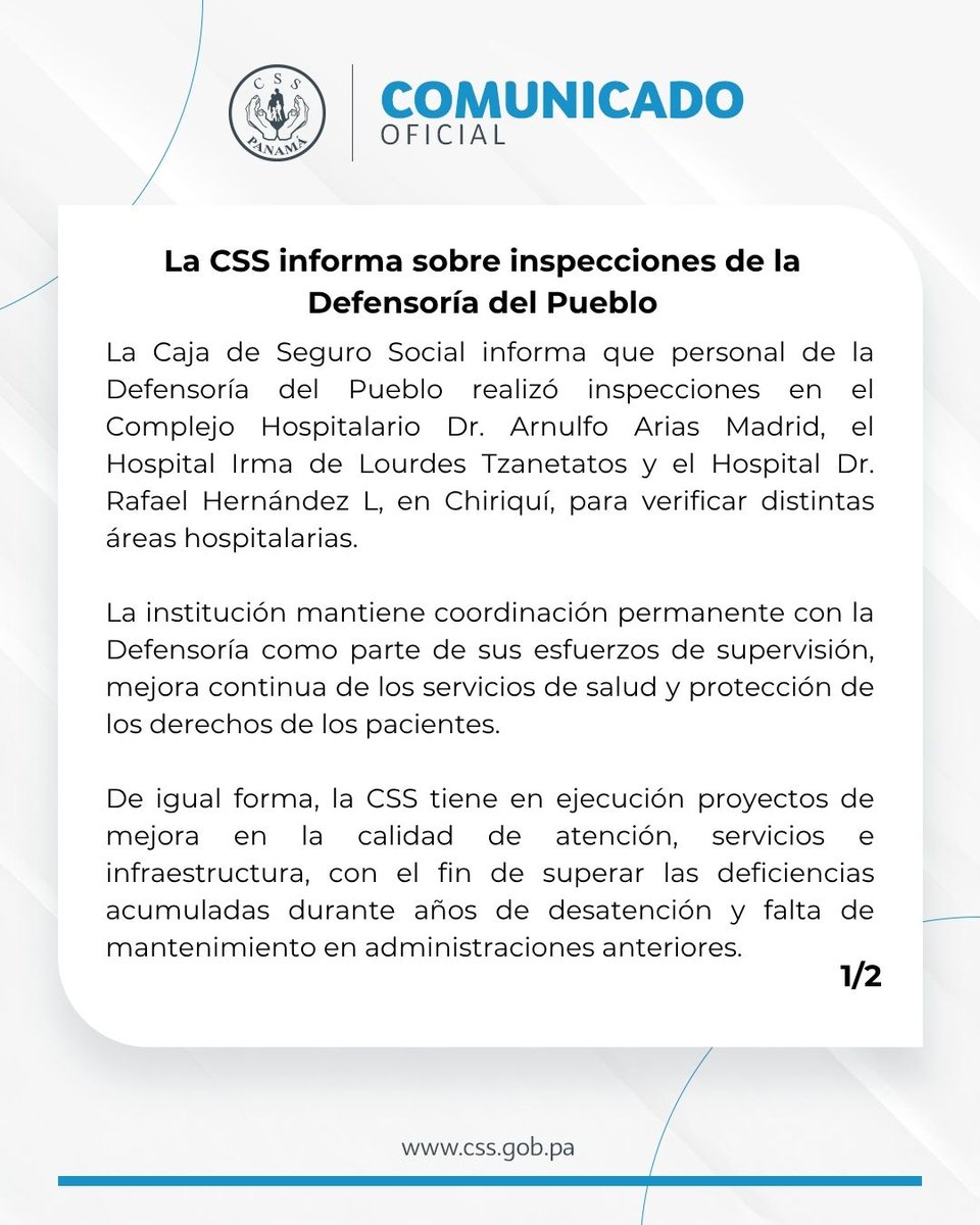 CSSPanama's tweet photo. #ComunicadosCSS | La CSS informa sobre inspecciones de la Defensoría del Pueblo. https://t.co/yAPDv01L8w