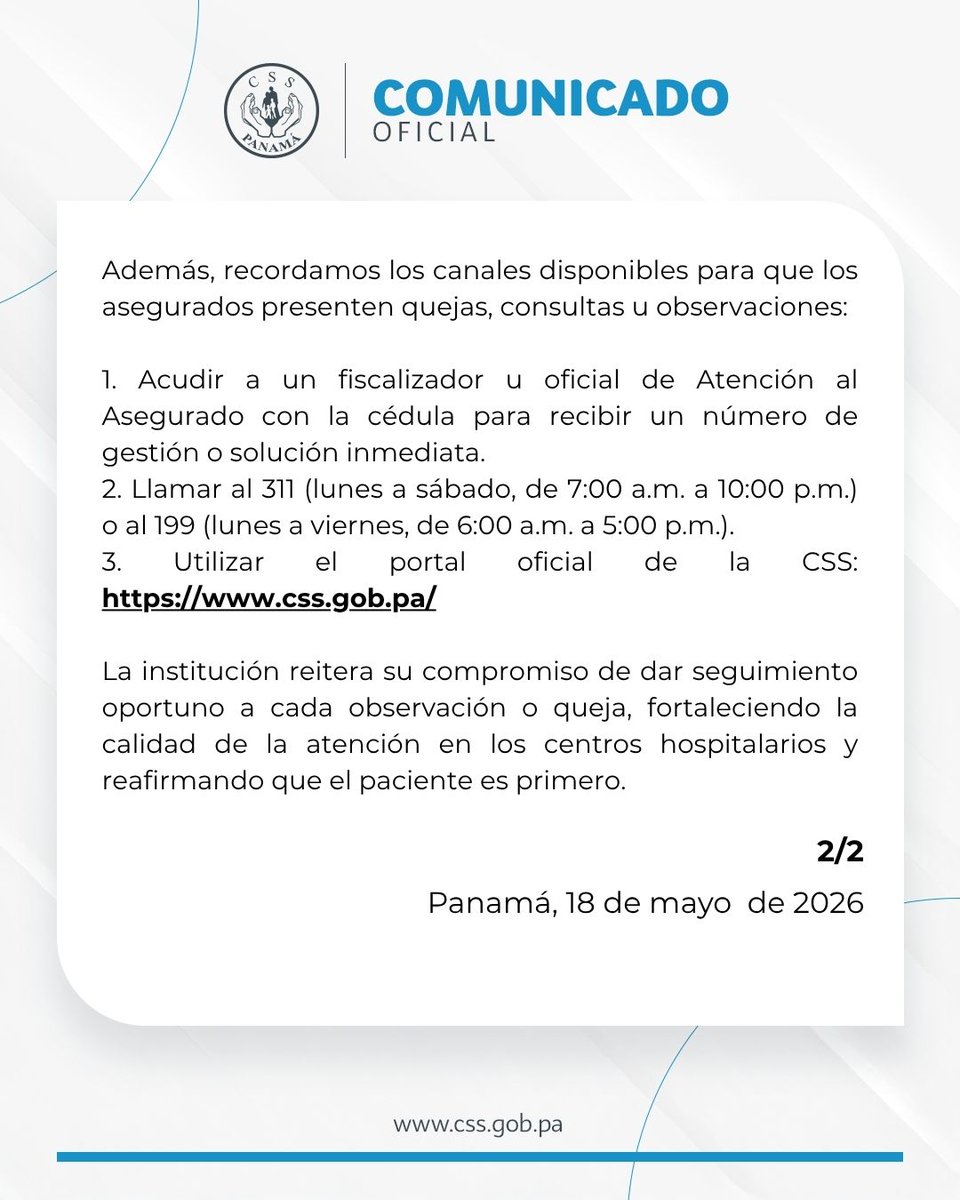 CSSPanama's tweet photo. #ComunicadosCSS | La CSS informa sobre inspecciones de la Defensoría del Pueblo. https://t.co/yAPDv01L8w