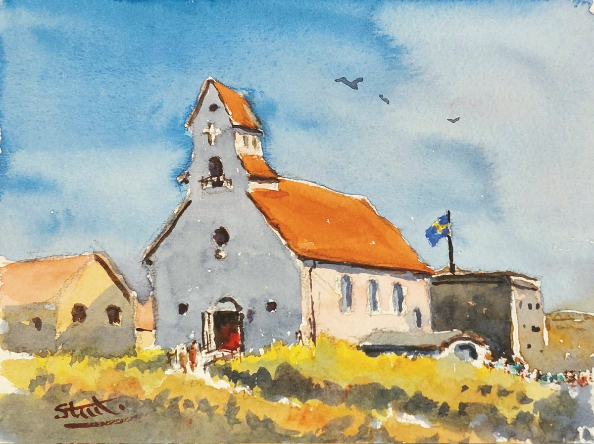 Colinsteedart1's tweet photo. 'Svenska Sjömanskyrkan i Skagen'. Swedish Seamans Church in Skagen. 
I painted a watercolour of this church in Skagen, Denmark. It was the first port on my cruise around the Baltic Sea. 
@Colinsteedart1 #colinsteedart #art #watercolor #watercolour #artist https://t.co/yqZHQODrpF