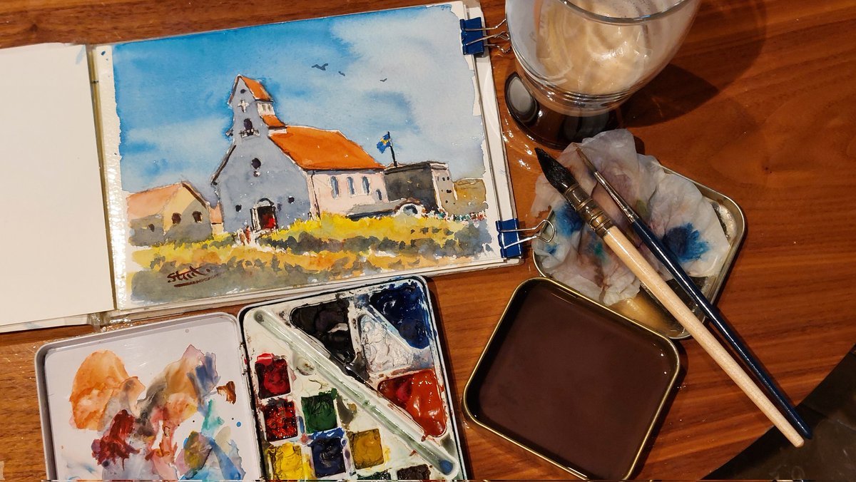 Colinsteedart1's tweet photo. 'Svenska Sjömanskyrkan i Skagen'. Swedish Seamans Church in Skagen. 
I painted a watercolour of this church in Skagen, Denmark. It was the first port on my cruise around the Baltic Sea. 
@Colinsteedart1 #colinsteedart #art #watercolor #watercolour #artist https://t.co/yqZHQODrpF