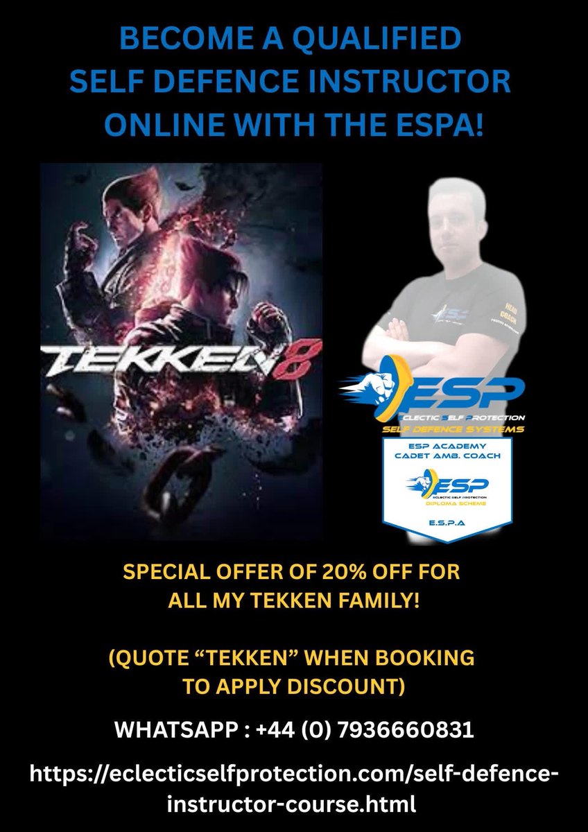 espselfdefence's tweet photo. Are you interested in improving your personal protection and self defence skills &amp; becoming a fully Qualified Self Defence Instructor with The ESPA?

20% off for my Tekken Family!

For bookings and more info please call + 44 (0) 7936660831 or click here:

https://t.co/fZMgZyOAcN https://t.co/JJcwDVpzQZ