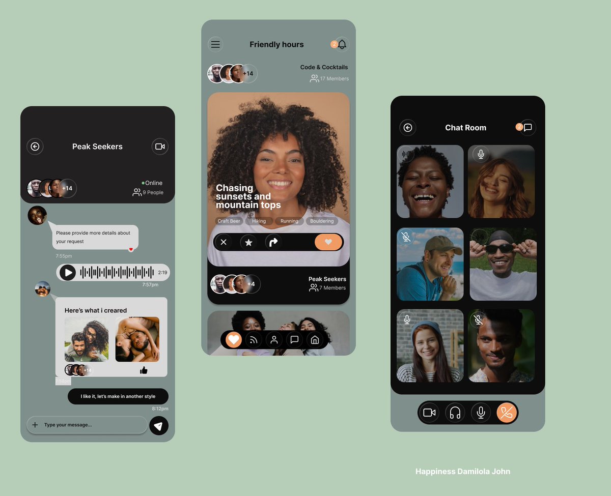 DAMILOLA4488's tweet photo. Designing for connection, not communication 
From group discovery to chat and live conversations, every screen was designed with one goal: making interactions feel more human and engaging.

Would love to hear your thoughts on this direction 👇
#UIUX #ProductDesign #MobileDesign https://t.co/zLd2BlaJGL