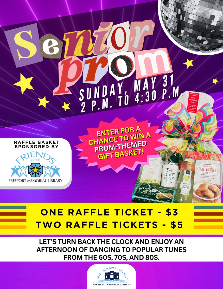 ASKFML's tweet photo. Come to a “Senior Prom” with a live DJ. For adults only. Refreshments will be served and sponsored by  The Friends of the Freeport Memorial Library. https://t.co/pr43biXFEP