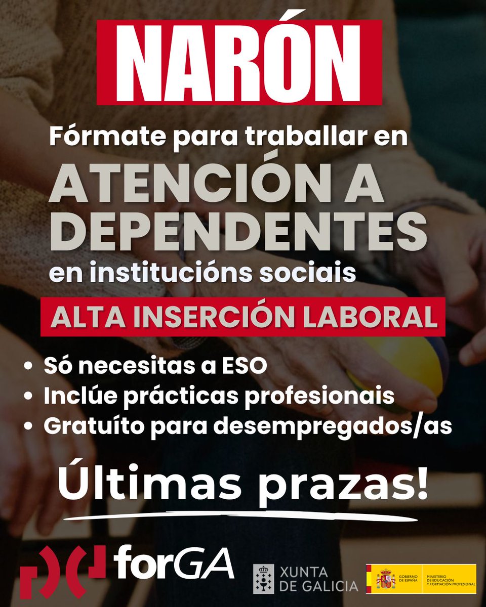 forGA_Galiza's tweet photo. 📢 NARÓN demanda coidadores e coidadoras de persoas dependentes!

📍Se estás desempregado/a, na sede de Narón da Fundación ForGA podes formarte gratuítamente e obter a certificación oficial en ‘Atención sociosanitaria a persoas dependentes en institucións sociais’. https://t.co/iO691n5Gjo