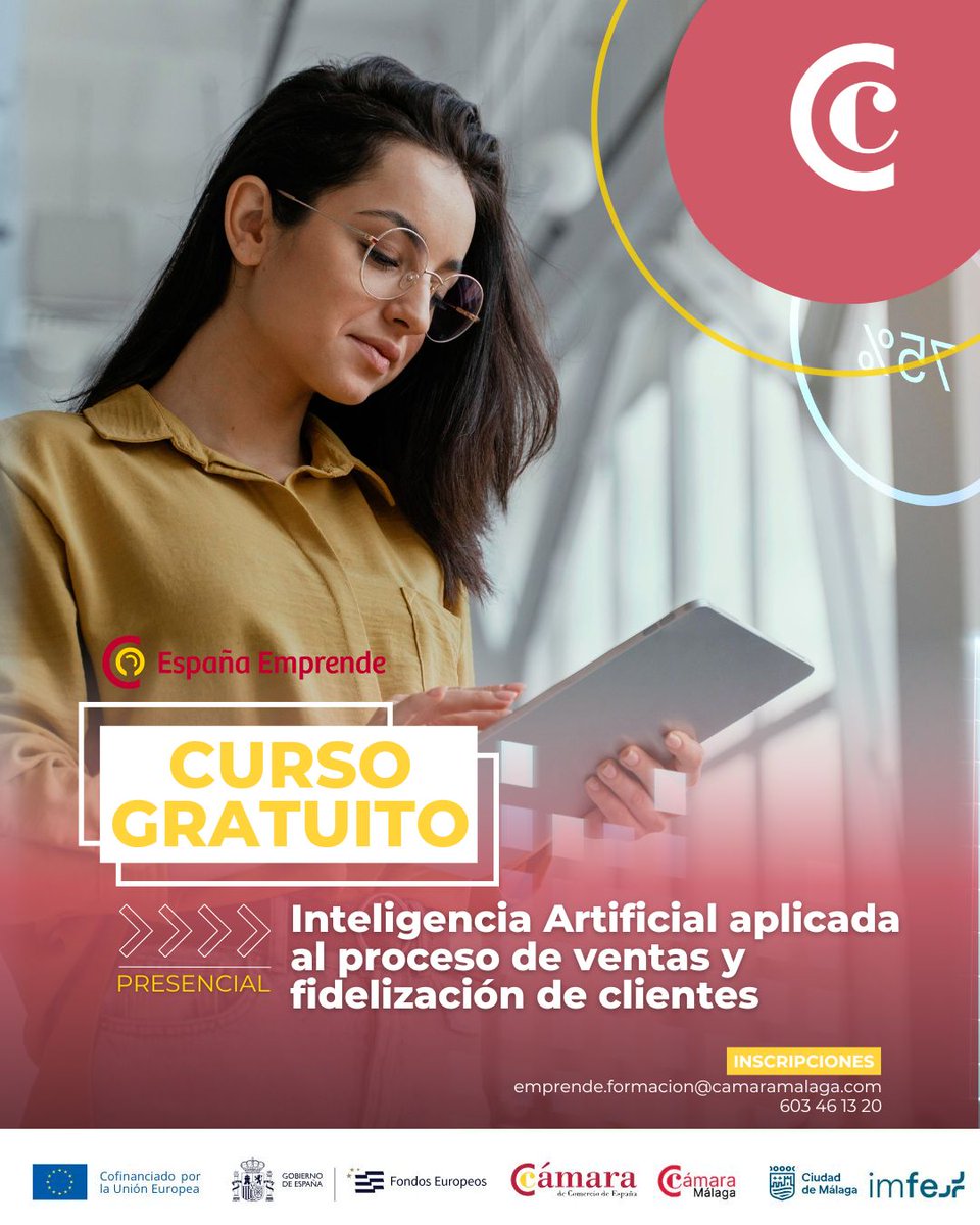 Camara_Malaga's tweet photo. 🤖🚀 La Inteligencia Artificial ya está transformando la forma de emprender, gestionar y hacer crecer los negocios. ¿Estás preparado para aprovechar su potencial?

La Cámara de Comercio de Málaga pone en marcha el curso “Inteligencia Artificial aplicada al proceso de venta y fidelización de clientes”, dentro del programa España Emprende 💼

📅 Del 2 al 17 de junio.

Una formación orientada a descubrir cómo la IA puede convertirse en una herramienta estratégica para impulsar proyectos y empresas.

👉 Crear contenidos con IA
👉 Familiarizarte con Machine Learning y Deep Learning
👉 Conocer aplicaciones reales de la IA en experiencias personalizadas para tu negocio

Una oportunidad para incorporar conocimientos clave y adaptarte a las nuevas tendencias del mercado.

🔗 Más información e inscripciones: https://t.co/5JspQdUe3X

#EspañaEmprende #InteligenciaArtificial #Formación #Emprendimiento #CámaraMálaga #Innovación #Empresa