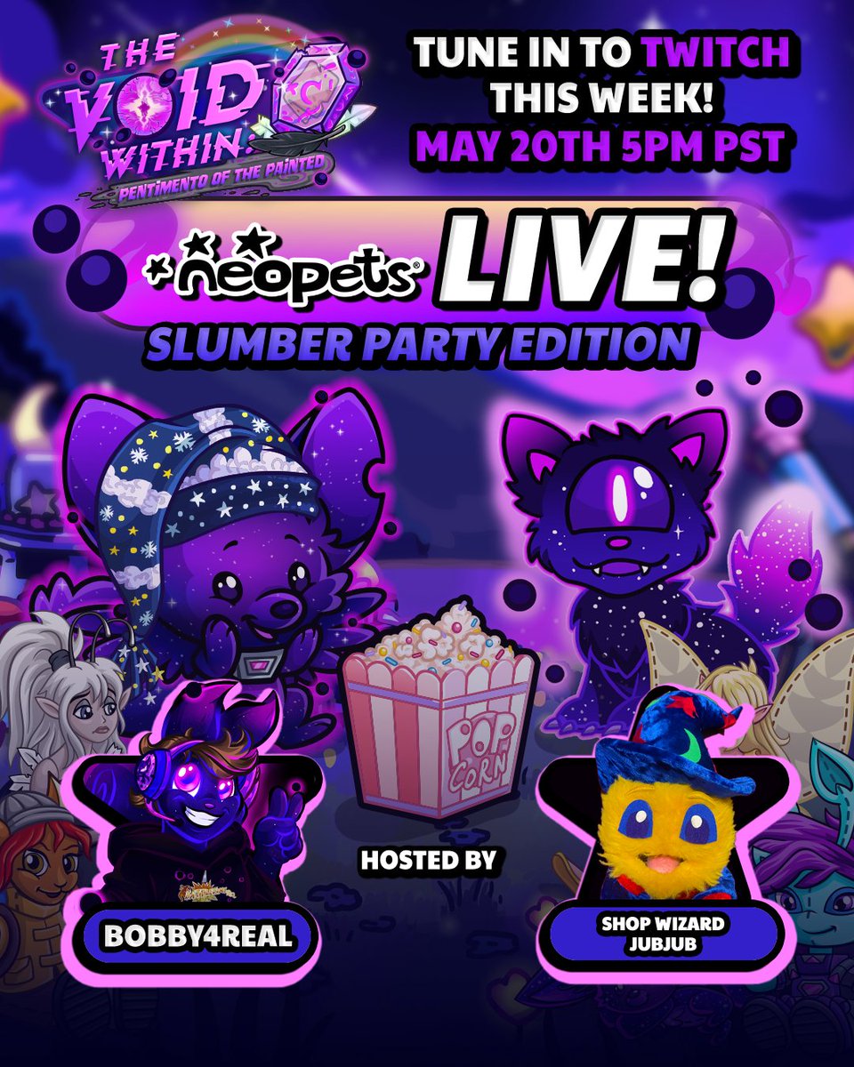 Neopets's tweet photo. Tune in to The Void Within Slumber Party: A Late-Night Lore & TCG Special THIS WEEK!

This Wednesday, 5pm PST we're all cozying up, wearing our favourite pjs, and chatting about The Void Within!

With hosts Bobby4real (@bobby4realttv) and Shop Wizard Jubjub (@shopwizardjubjub), join awesome guests like FerWanwan (@FerWanwan), Bobby Coovert (@BobbyCoovert), The Amanda Files (@theamandafiles) and a cameo from Pipapeep (@ArtsyRigatoni) alongside Neopets staff like TNT Aesop, TNT Stone, TNT Jewel, TNT Dingo, TNT Fae, TNT Clammyhand, TNT Weirdough + some more lurking in the void itself?!🤫

We'll be sitting down for chats about lore and narrative, design and development, comics and art + Upper Deck (@upperdeckent) Neopets TCG expansions and mechanics. Expect teasers, sneak peeks, behind-the-scenes, games and great vibes!

Tune into to Twitch at https://t.co/4sZRP5VBBD ✨🩶🌌