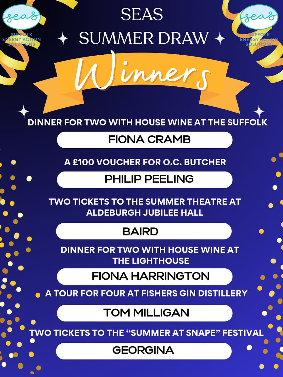 SEAScampaign's tweet photo. 🌟🌟A MASSIVE thank you to everyone who purchased tickets for the SEAS Summer Prize Draw. 

Thanks to your generosity, 𝘄𝗲 𝗿𝗮𝗶𝘀𝗲𝗱 𝗮𝗻 𝗶𝗻𝗰𝗿𝗲𝗱𝗶𝗯𝗹𝗲 £𝟯,𝟬𝟰𝟬 to support the ongoing work of SEAS and our continued campaigning to protect the Suffolk Heritage Coast.

We’d also like to thank Orion Orchestra for a truly successful concert. 🎻🎹🎻🎹

The evening was filled with wonderful music, a fantastic atmosphere, and a strong sense of community throughout. 

It was especially encouraging to see so many people coming together in support of young musicians.

𝘾𝙤𝙣𝙜𝙧𝙖𝙩𝙪𝙡𝙖𝙩𝙞𝙤𝙣𝙨 𝙩𝙤 𝙖𝙡𝙡 𝙤𝙛 𝙤𝙪𝙧 𝙥𝙧𝙞𝙯𝙚 𝙙𝙧𝙖𝙬 𝙬𝙞𝙣𝙣𝙚𝙧𝙨:
🎉🎉🎉🎉🎉🎉

🔸️𝗗𝗶𝗻𝗻𝗲𝗿 𝗳𝗼𝗿 𝘁𝘄𝗼 𝘄𝗶𝘁𝗵 𝗵𝗼𝘂𝘀𝗲 𝘄𝗶𝗻𝗲 𝗮𝘁 𝗧𝗵𝗲 𝗦𝘂𝗳𝗳𝗼𝗹𝗸 Fiona Cramb (Green ticket 159) 
🔸️𝗔 £𝟭𝟬𝟬 𝘃𝗼𝘂𝗰𝗵𝗲𝗿 𝗳𝗼𝗿 𝗢.𝗖. 𝗕𝘂𝘁𝗰𝗵𝗲𝗿 
Philip Peeling (Pink ticket 937) 
🔸️𝗧𝘄𝗼 𝘁𝗶𝗰𝗸𝗲𝘁𝘀 𝘁𝗼 𝘁𝗵𝗲 𝗦𝘂𝗺𝗺𝗲𝗿 𝗧𝗵𝗲𝗮𝘁𝗿𝗲 𝗮𝘁 𝗔𝗹𝗱𝗲𝗯𝘂𝗿𝗴𝗵 𝗝𝘂𝗯𝗶𝗹𝗲𝗲 𝗛𝗮𝗹𝗹 
 Baird (Yellow Ticket 109)  
🔸️𝗗𝗶𝗻𝗻𝗲𝗿 𝗳𝗼𝗿 𝘁𝘄𝗼 𝘄𝗶𝘁𝗵 𝗵𝗼𝘂𝘀𝗲 𝘄𝗶𝗻𝗲 𝗮𝘁 𝗧𝗵𝗲 𝗟𝗶𝗴𝗵𝘁𝗵𝗼𝘂𝘀𝗲 - Fiona Harrington (Pink Ticket 951) 
🔸️ 𝗔 𝘁𝗼𝘂𝗿 𝗳𝗼𝗿 𝗳𝗼𝘂𝗿 𝗮𝘁 𝗙𝗶𝘀𝗵𝗲𝗿𝘀 𝗚𝗶𝗻 𝗗𝗶𝘀𝘁𝗶𝗹𝗹𝗲𝗿𝘆 
Tom Milligan (Pink Ticket 336)
🔸️𝗧𝘄𝗼 𝘁𝗶𝗰𝗸𝗲𝘁𝘀 𝘁𝗼 𝘁𝗵𝗲 “𝗦𝘂𝗺𝗺𝗲𝗿 𝗮𝘁 𝗦𝗻𝗮𝗽𝗲” 𝗙𝗲𝘀𝘁𝗶𝘃𝗮𝗹 - Georgina (Yellow Ticket 135) 
🔸️𝗔 𝗿𝗼𝘂𝗻𝗱 𝗼𝗳 𝗴𝗼𝗹𝗳 𝗳𝗼𝗿 𝗳𝗼𝘂𝗿 𝗮𝘁 𝗔𝗹𝗱𝗲𝗯𝘂𝗿𝗴𝗵 𝗚𝗼𝗹𝗳 𝗖𝗹𝘂𝗯 (either course)  - Cary Norman (Green Ticket 321)
🔸️𝗔 𝗺𝗲𝗮𝗹 𝗳𝗼𝗿 𝗳𝗼𝘂𝗿 𝗮𝘁 𝗧𝗵𝗲 𝗗𝗼𝗹𝗽𝗵𝗶𝗻  
 Alison Andrews (Pink Ticket 876)
🔸️️𝗧𝘄𝗼 𝘁𝗶𝗰𝗸𝗲𝘁𝘀 𝘁𝗼 𝗔𝗹𝗱𝗲𝗯𝘂𝗿𝗴𝗵 𝗠𝘂𝘀𝗶𝗰 𝗖𝗹𝘂𝗯’𝘀 𝗰𝗼𝗻𝗰𝗲𝗿𝘁 ‘𝗙𝗼𝗹𝗸 𝗔𝗿𝗼𝘂𝗻𝗱 𝘁𝗵𝗲 𝗪𝗼𝗿𝗹𝗱’ 
Alison Moore (Green Ticket 16)
🔸️𝗗𝗶𝗻𝗻𝗲𝗿 𝗳𝗼𝗿 𝗳𝗼𝘂𝗿 𝗮𝘁 𝗦𝗲𝗮 𝗦𝗽𝗶𝗰𝗲 
 Mary Seymour - Taylor (Green Ticket 184)
🔸️𝗧𝘄𝗼 𝗽𝗿𝗲𝗺𝗶𝘂𝗺 𝗽𝗮𝘀𝘀𝗲𝘀 𝘁𝗼 𝘁𝗵𝗲 𝗠𝗮𝗿𝘆𝗹𝗲𝗯𝗼𝗻𝗲 𝗠𝘂𝘀𝗶𝗰 𝗙𝗲𝘀𝘁𝗶𝘃𝗮𝗹 
Rhett Griffiths (Pink Ticket 181)
🔸️𝗗𝗶𝗻𝗻𝗲𝗿 𝗳𝗼𝗿 𝟲 𝗽𝗹𝘂𝘀 𝟮 𝗯𝗼𝘁𝘁𝗹𝗲𝘀 𝗼𝗳 𝘄𝗶𝗻𝗲, 𝗴𝗹𝗮𝘀𝘀 𝗼𝗳 𝗰𝗵𝗮𝗺𝗽𝗮𝗴𝗻𝗲 𝗮𝘁 𝘁𝗵𝗲 𝗪𝗲𝗻𝘁𝘄𝗼𝗿𝘁𝗵 
Tim Rowan-Robinson (Green ticket 63)

Thank you again to everyone who donated prizes, bought tickets, helped organise the event, and attended the concert. Your support really does make a difference. 🙏🙏🌟🌟
