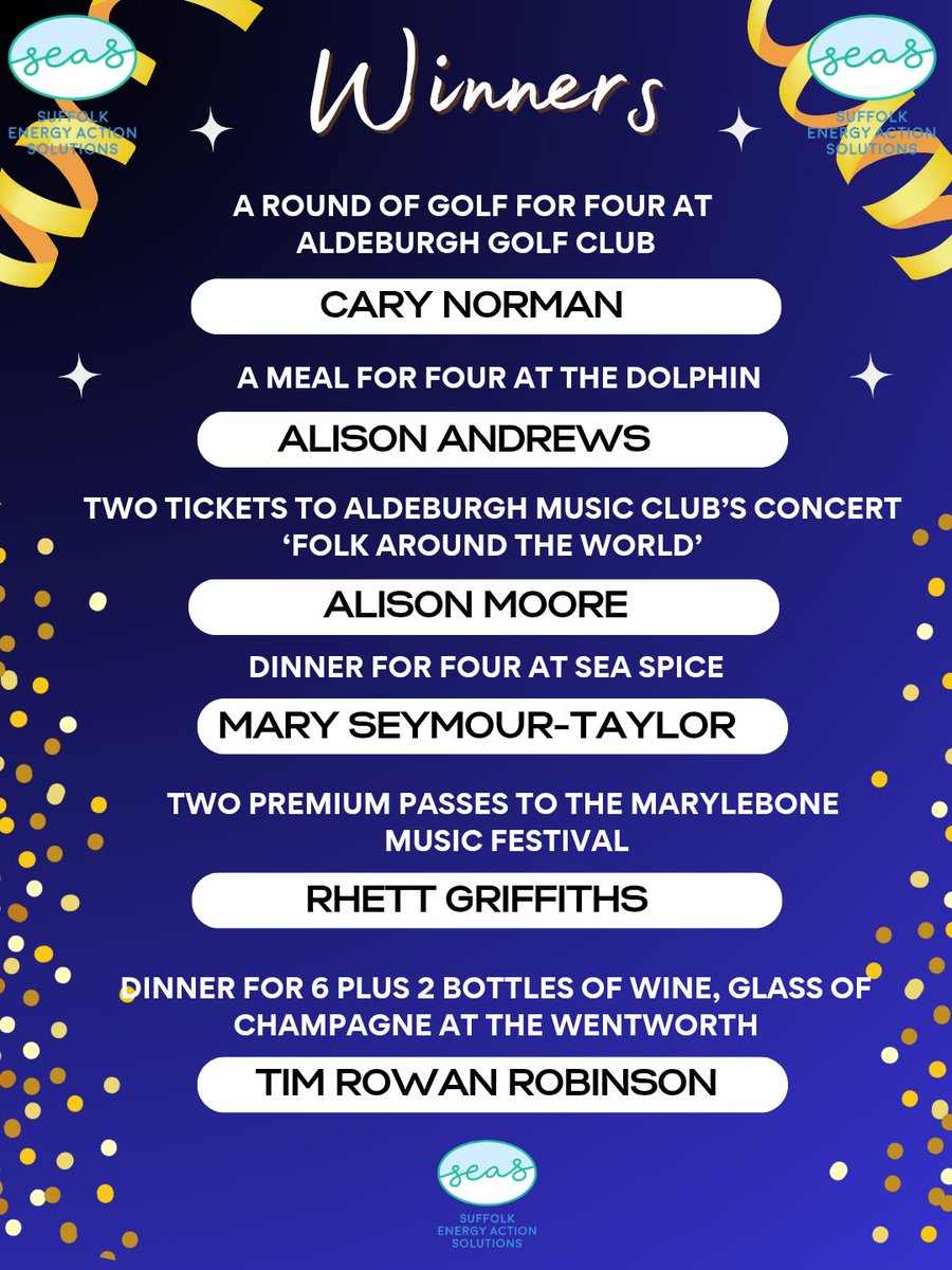 SEAScampaign's tweet photo. 🌟🌟A MASSIVE thank you to everyone who purchased tickets for the SEAS Summer Prize Draw. 

Thanks to your generosity, 𝘄𝗲 𝗿𝗮𝗶𝘀𝗲𝗱 𝗮𝗻 𝗶𝗻𝗰𝗿𝗲𝗱𝗶𝗯𝗹𝗲 £𝟯,𝟬𝟰𝟬 to support the ongoing work of SEAS and our continued campaigning to protect the Suffolk Heritage Coast.

We’d also like to thank Orion Orchestra for a truly successful concert. 🎻🎹🎻🎹

The evening was filled with wonderful music, a fantastic atmosphere, and a strong sense of community throughout. 

It was especially encouraging to see so many people coming together in support of young musicians.

𝘾𝙤𝙣𝙜𝙧𝙖𝙩𝙪𝙡𝙖𝙩𝙞𝙤𝙣𝙨 𝙩𝙤 𝙖𝙡𝙡 𝙤𝙛 𝙤𝙪𝙧 𝙥𝙧𝙞𝙯𝙚 𝙙𝙧𝙖𝙬 𝙬𝙞𝙣𝙣𝙚𝙧𝙨:
🎉🎉🎉🎉🎉🎉

🔸️𝗗𝗶𝗻𝗻𝗲𝗿 𝗳𝗼𝗿 𝘁𝘄𝗼 𝘄𝗶𝘁𝗵 𝗵𝗼𝘂𝘀𝗲 𝘄𝗶𝗻𝗲 𝗮𝘁 𝗧𝗵𝗲 𝗦𝘂𝗳𝗳𝗼𝗹𝗸 Fiona Cramb (Green ticket 159) 
🔸️𝗔 £𝟭𝟬𝟬 𝘃𝗼𝘂𝗰𝗵𝗲𝗿 𝗳𝗼𝗿 𝗢.𝗖. 𝗕𝘂𝘁𝗰𝗵𝗲𝗿 
Philip Peeling (Pink ticket 937) 
🔸️𝗧𝘄𝗼 𝘁𝗶𝗰𝗸𝗲𝘁𝘀 𝘁𝗼 𝘁𝗵𝗲 𝗦𝘂𝗺𝗺𝗲𝗿 𝗧𝗵𝗲𝗮𝘁𝗿𝗲 𝗮𝘁 𝗔𝗹𝗱𝗲𝗯𝘂𝗿𝗴𝗵 𝗝𝘂𝗯𝗶𝗹𝗲𝗲 𝗛𝗮𝗹𝗹 
 Baird (Yellow Ticket 109)  
🔸️𝗗𝗶𝗻𝗻𝗲𝗿 𝗳𝗼𝗿 𝘁𝘄𝗼 𝘄𝗶𝘁𝗵 𝗵𝗼𝘂𝘀𝗲 𝘄𝗶𝗻𝗲 𝗮𝘁 𝗧𝗵𝗲 𝗟𝗶𝗴𝗵𝘁𝗵𝗼𝘂𝘀𝗲 - Fiona Harrington (Pink Ticket 951) 
🔸️ 𝗔 𝘁𝗼𝘂𝗿 𝗳𝗼𝗿 𝗳𝗼𝘂𝗿 𝗮𝘁 𝗙𝗶𝘀𝗵𝗲𝗿𝘀 𝗚𝗶𝗻 𝗗𝗶𝘀𝘁𝗶𝗹𝗹𝗲𝗿𝘆 
Tom Milligan (Pink Ticket 336)
🔸️𝗧𝘄𝗼 𝘁𝗶𝗰𝗸𝗲𝘁𝘀 𝘁𝗼 𝘁𝗵𝗲 “𝗦𝘂𝗺𝗺𝗲𝗿 𝗮𝘁 𝗦𝗻𝗮𝗽𝗲” 𝗙𝗲𝘀𝘁𝗶𝘃𝗮𝗹 - Georgina (Yellow Ticket 135) 
🔸️𝗔 𝗿𝗼𝘂𝗻𝗱 𝗼𝗳 𝗴𝗼𝗹𝗳 𝗳𝗼𝗿 𝗳𝗼𝘂𝗿 𝗮𝘁 𝗔𝗹𝗱𝗲𝗯𝘂𝗿𝗴𝗵 𝗚𝗼𝗹𝗳 𝗖𝗹𝘂𝗯 (either course)  - Cary Norman (Green Ticket 321)
🔸️𝗔 𝗺𝗲𝗮𝗹 𝗳𝗼𝗿 𝗳𝗼𝘂𝗿 𝗮𝘁 𝗧𝗵𝗲 𝗗𝗼𝗹𝗽𝗵𝗶𝗻  
 Alison Andrews (Pink Ticket 876)
🔸️️𝗧𝘄𝗼 𝘁𝗶𝗰𝗸𝗲𝘁𝘀 𝘁𝗼 𝗔𝗹𝗱𝗲𝗯𝘂𝗿𝗴𝗵 𝗠𝘂𝘀𝗶𝗰 𝗖𝗹𝘂𝗯’𝘀 𝗰𝗼𝗻𝗰𝗲𝗿𝘁 ‘𝗙𝗼𝗹𝗸 𝗔𝗿𝗼𝘂𝗻𝗱 𝘁𝗵𝗲 𝗪𝗼𝗿𝗹𝗱’ 
Alison Moore (Green Ticket 16)
🔸️𝗗𝗶𝗻𝗻𝗲𝗿 𝗳𝗼𝗿 𝗳𝗼𝘂𝗿 𝗮𝘁 𝗦𝗲𝗮 𝗦𝗽𝗶𝗰𝗲 
 Mary Seymour - Taylor (Green Ticket 184)
🔸️𝗧𝘄𝗼 𝗽𝗿𝗲𝗺𝗶𝘂𝗺 𝗽𝗮𝘀𝘀𝗲𝘀 𝘁𝗼 𝘁𝗵𝗲 𝗠𝗮𝗿𝘆𝗹𝗲𝗯𝗼𝗻𝗲 𝗠𝘂𝘀𝗶𝗰 𝗙𝗲𝘀𝘁𝗶𝘃𝗮𝗹 
Rhett Griffiths (Pink Ticket 181)
🔸️𝗗𝗶𝗻𝗻𝗲𝗿 𝗳𝗼𝗿 𝟲 𝗽𝗹𝘂𝘀 𝟮 𝗯𝗼𝘁𝘁𝗹𝗲𝘀 𝗼𝗳 𝘄𝗶𝗻𝗲, 𝗴𝗹𝗮𝘀𝘀 𝗼𝗳 𝗰𝗵𝗮𝗺𝗽𝗮𝗴𝗻𝗲 𝗮𝘁 𝘁𝗵𝗲 𝗪𝗲𝗻𝘁𝘄𝗼𝗿𝘁𝗵 
Tim Rowan-Robinson (Green ticket 63)

Thank you again to everyone who donated prizes, bought tickets, helped organise the event, and attended the concert. Your support really does make a difference. 🙏🙏🌟🌟