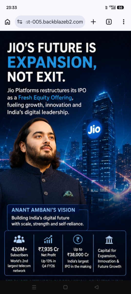 SrinjiniGuin's tweet photo. #Anant2030Growth  Jio's IPO, guided by Anant Ambani, underscores a vision for sustainable growth and innovation, focusing on future expansion rather than immediate investor exits. https://t.co/ujMvbM5UoI