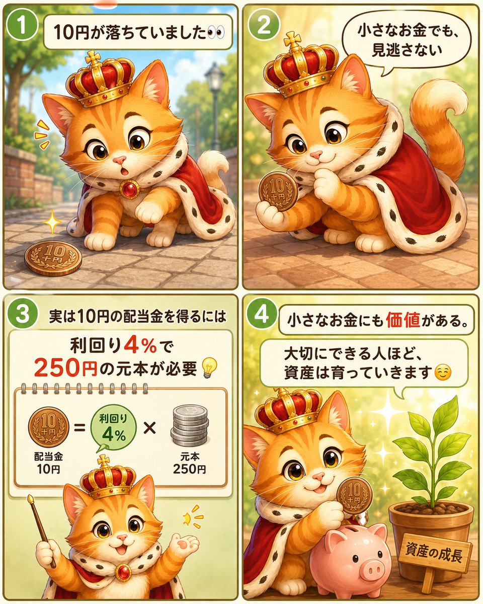 caitsith_blog's tweet photo. 10円が落ちていました👀

実は10円の配当金を得るには、利回り4%で250円の元本が必要💡

小さなお金にも価値がある✨
大切にできる人ほど、資産は育っていきます☺️

#配当金 #高配当株 #資産形成 https://t.co/AXdVoyS1t4
