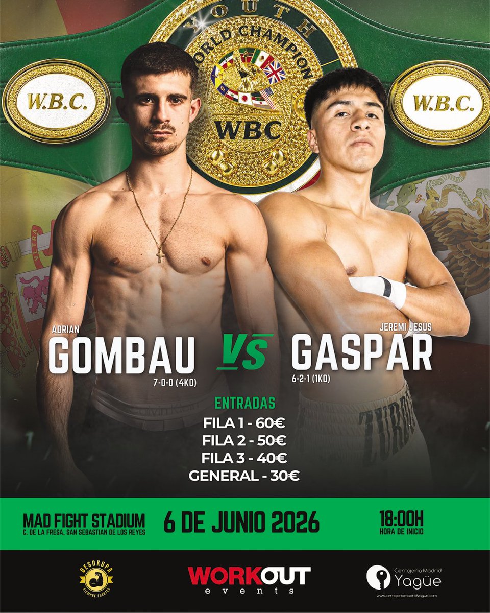 workoutevents's tweet photo. Acompañamos a Adrián Gombau (7-0-0, 4KO) en su próximo combate por el título WBC Youth World Championship🥊🇪🇸

📅 6 de junio | Mad Fight Stadium, San Sebastián de los Reyes 

¡A por todas! 🔥 https://t.co/C3bfNxQjB6
