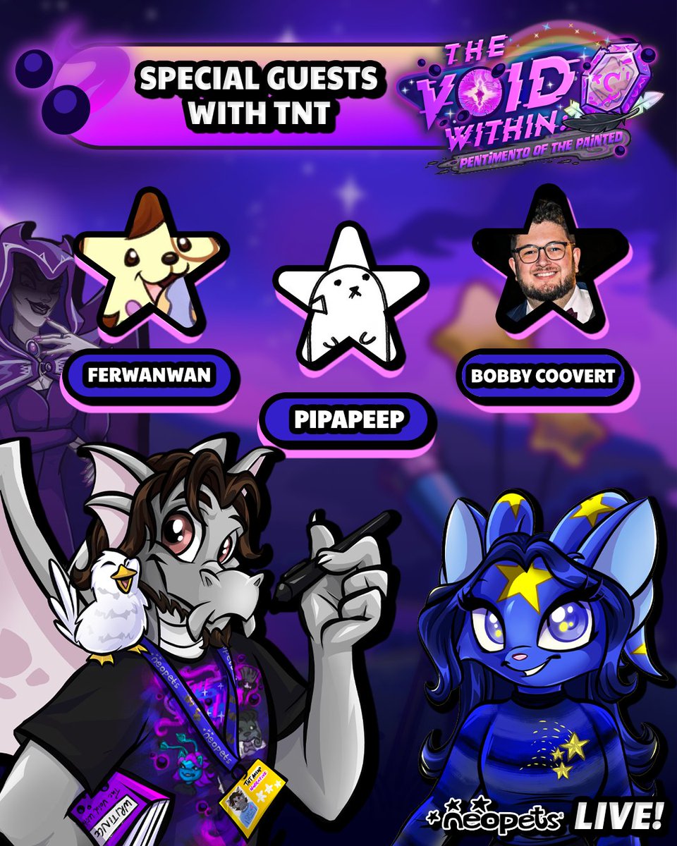 Neopets's tweet photo. Tune in to The Void Within Slumber Party: A Late-Night Lore & TCG Special THIS WEEK!

This Wednesday, 5pm PST we're all cozying up, wearing our favourite pjs, and chatting about The Void Within!

With hosts Bobby4real (@bobby4realttv) and Shop Wizard Jubjub (@shopwizardjubjub), join awesome guests like FerWanwan (@FerWanwan), Bobby Coovert (@BobbyCoovert), The Amanda Files (@theamandafiles) and a cameo from Pipapeep (@ArtsyRigatoni) alongside Neopets staff like TNT Aesop, TNT Stone, TNT Jewel, TNT Dingo, TNT Fae, TNT Clammyhand, TNT Weirdough + some more lurking in the void itself?!🤫

We'll be sitting down for chats about lore and narrative, design and development, comics and art + Upper Deck (@upperdeckent) Neopets TCG expansions and mechanics. Expect teasers, sneak peeks, behind-the-scenes, games and great vibes!

Tune into to Twitch at https://t.co/4sZRP5VBBD ✨🩶🌌
