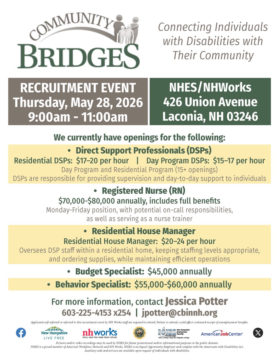 NHESWorking's tweet photo. Community Bridges Recruitment Event
Thursday, May 28, 2026
9:00am - 11:00am

NHES / NHWorks
426 Union Avenue
Laconia, NH 03246

#NHWorks #NHES #JobsInNH #NHJobs https://t.co/hbJCk5tzsh